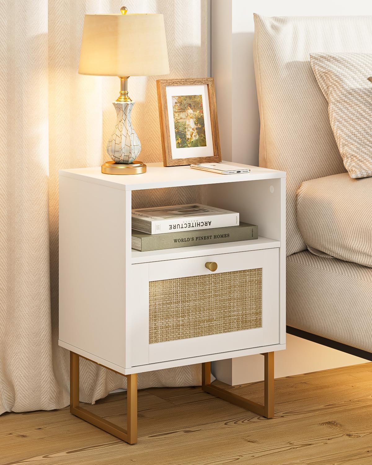 Rattan Nightstand, Boho Night Stand Farmhouse Wood Bedside Table with Storage and Open Shelf, End Side Accent Table for Bedroom,Living Room,White