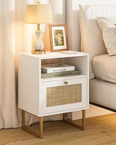Rattan Nightstand, Boho Night Stand Farmhouse Wood Bedside Table with Storage and Open Shelf, End Side Accent Table for Bedroom,Living Room,White - Normal - White