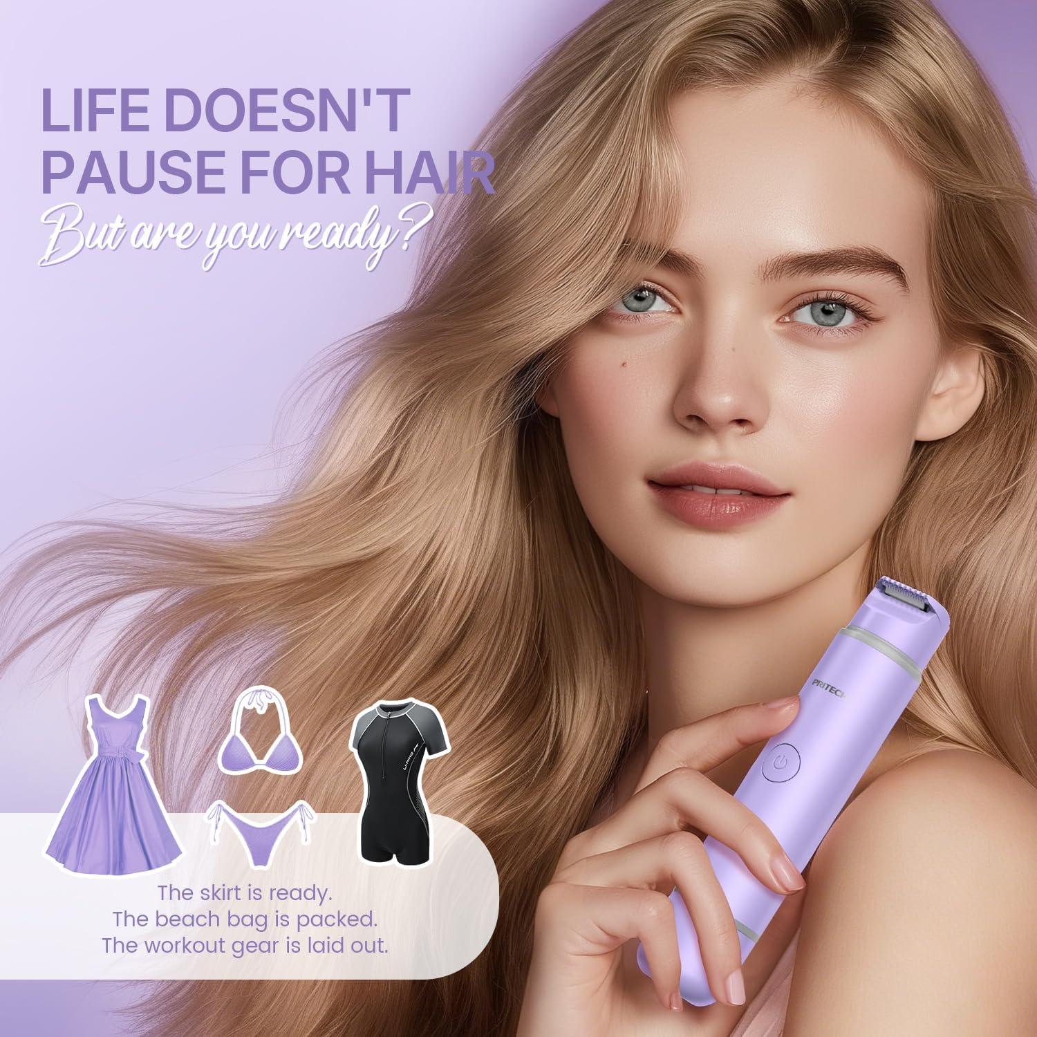 Bikini Trimmer for Women Dual Head Facial Hair Remover 2 in 1 Electric Razors for Women,Waterproof Public Hair Trimmer for Face,Underarm,Leg,USB-C Smart Light (Purple)