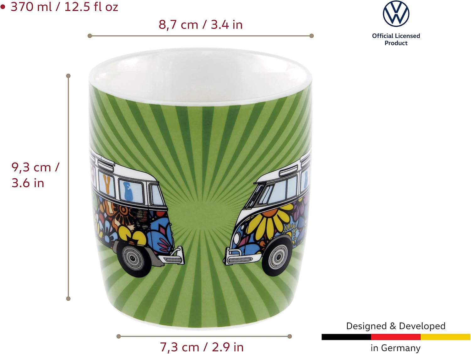 BRISA VW Collection - Volkswagen Large Ceramic Coffee-Tea-Cappuccino Mug Cup in T1 Bus Design (370 ml/12.5 fl oz/Love Bus/Green)