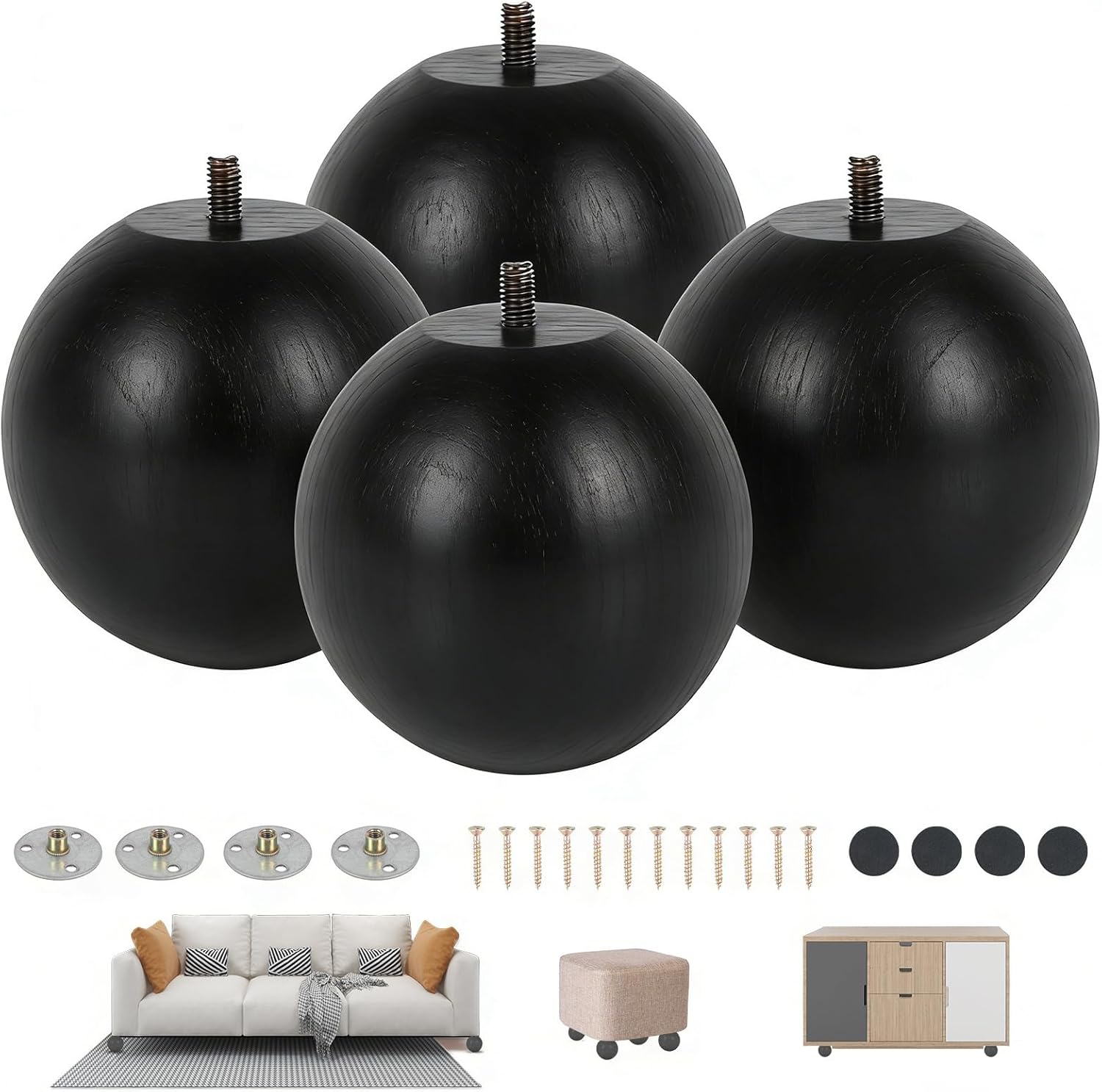 4 Inch Wooden Sofa Legs of 4 Wood Furniture Legs Couch Feet Wooden Round Sofa Furniture Replacement Sofa Legs Replacement for Sofa Couch Chair Cabinet Dresser Ottoman Bed Riser, 4 Pack