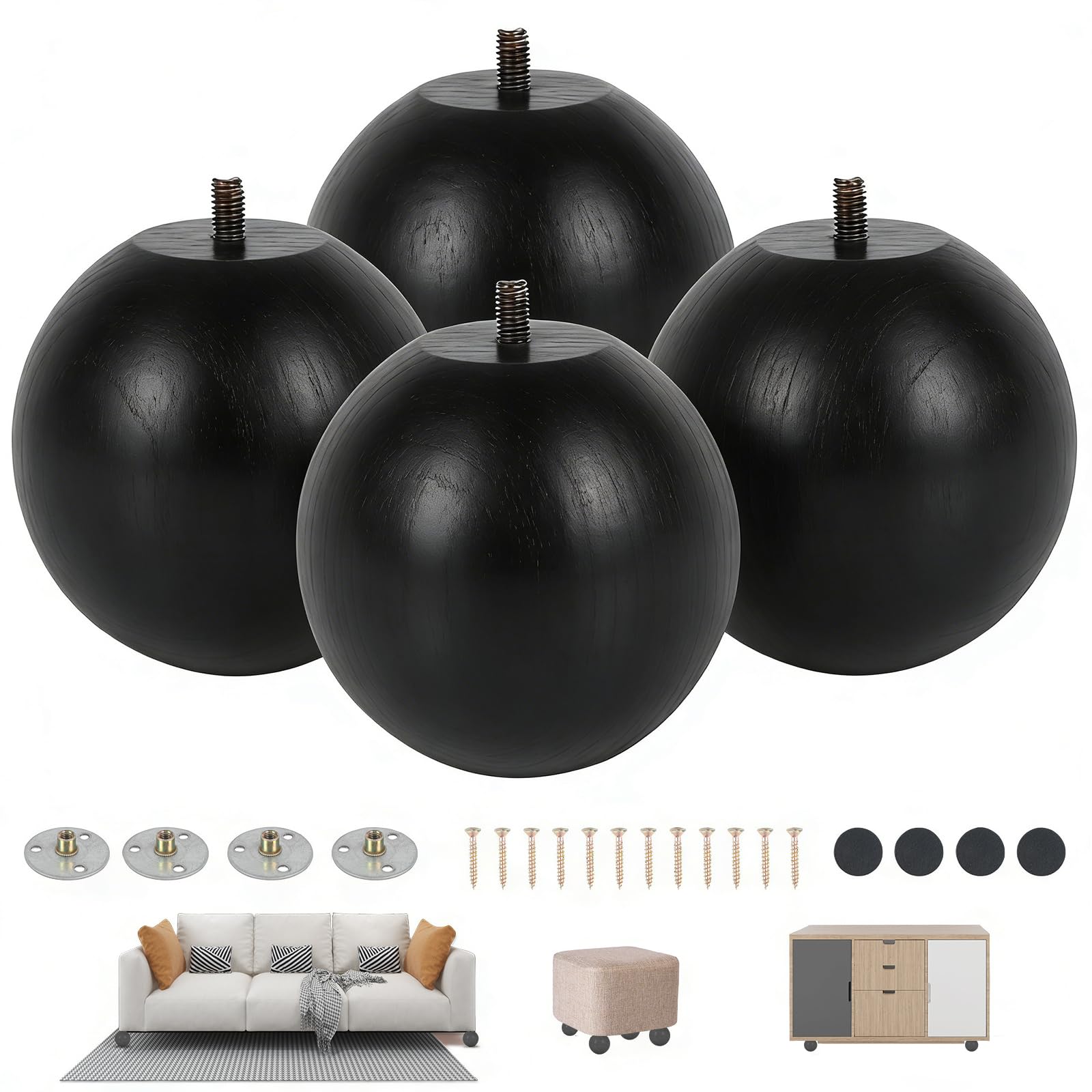Wooden Furniture Legs Set of 4, 11x10 cm Round Black Sofa Huge Bun Feet