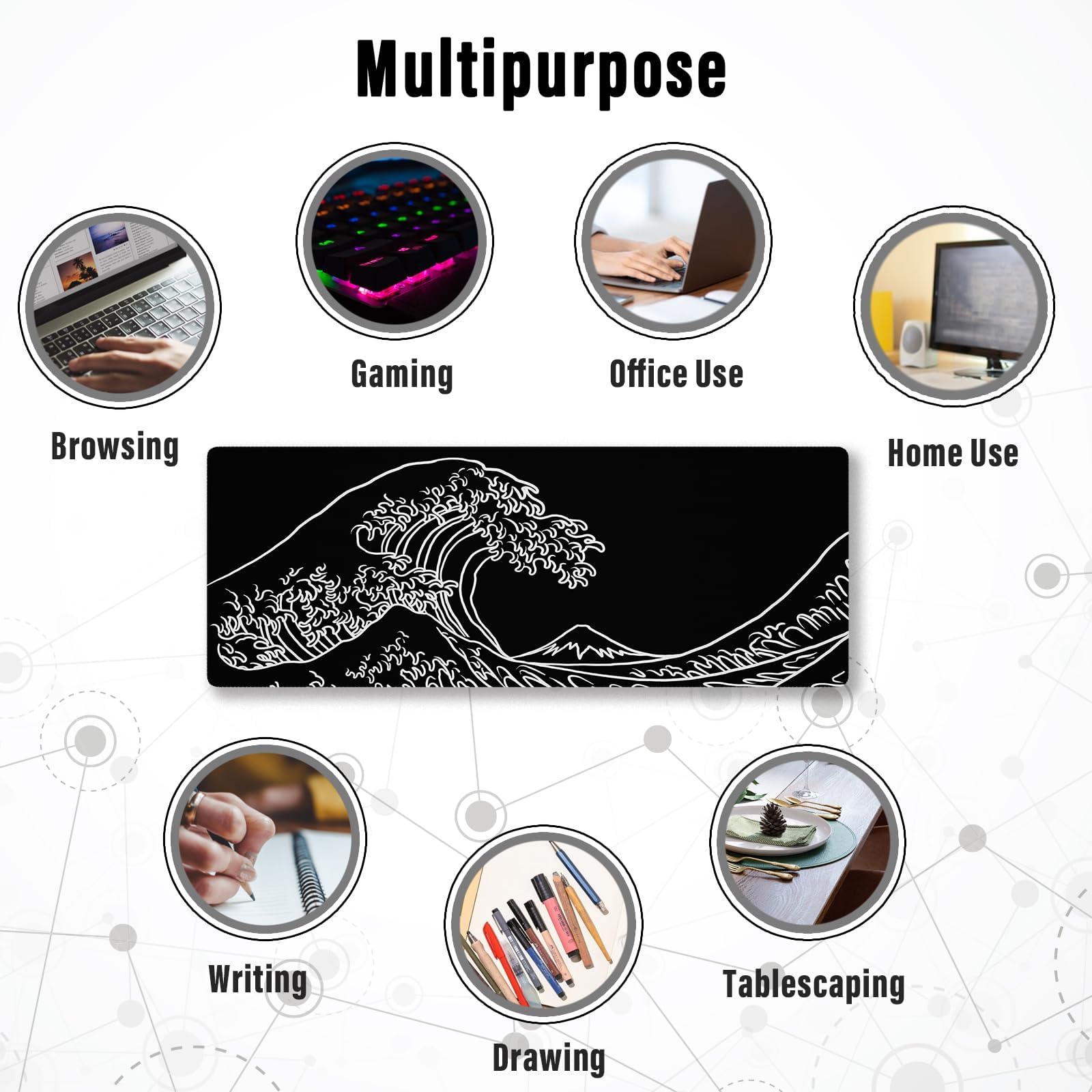 Ovenbird Gaming Mouse Pad with Stitched Edges, Japanese Wave Black Mouse Pad, Extended XL Mousepad with Anti-Slip Base, Cool Large Mouse Pad for Desk, 31.5 x 11.8 in, Black(OB-MP-E-17-B)