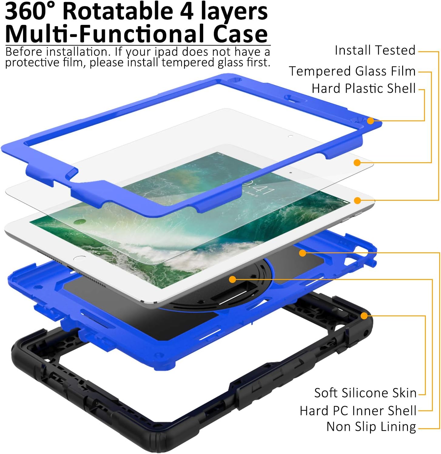 Buy 1 get 1 iPad 6th/5th Generation Case with Tempered Glass Screen Protector, iPad 9.7 Case 2018/2017, [360° Rotatable Hand Strap & Kickstand] Ambison Full Body Protective Case with Pencil Holder (Blue & Black)