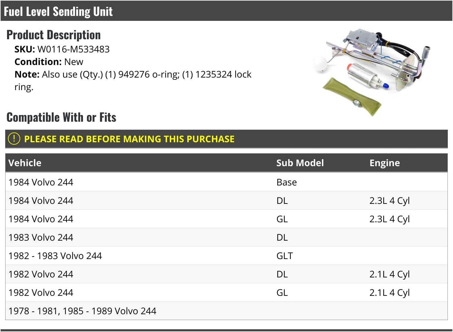 Fuel Level Sending Unit - Compatible with 1978-1989 Volvo 244