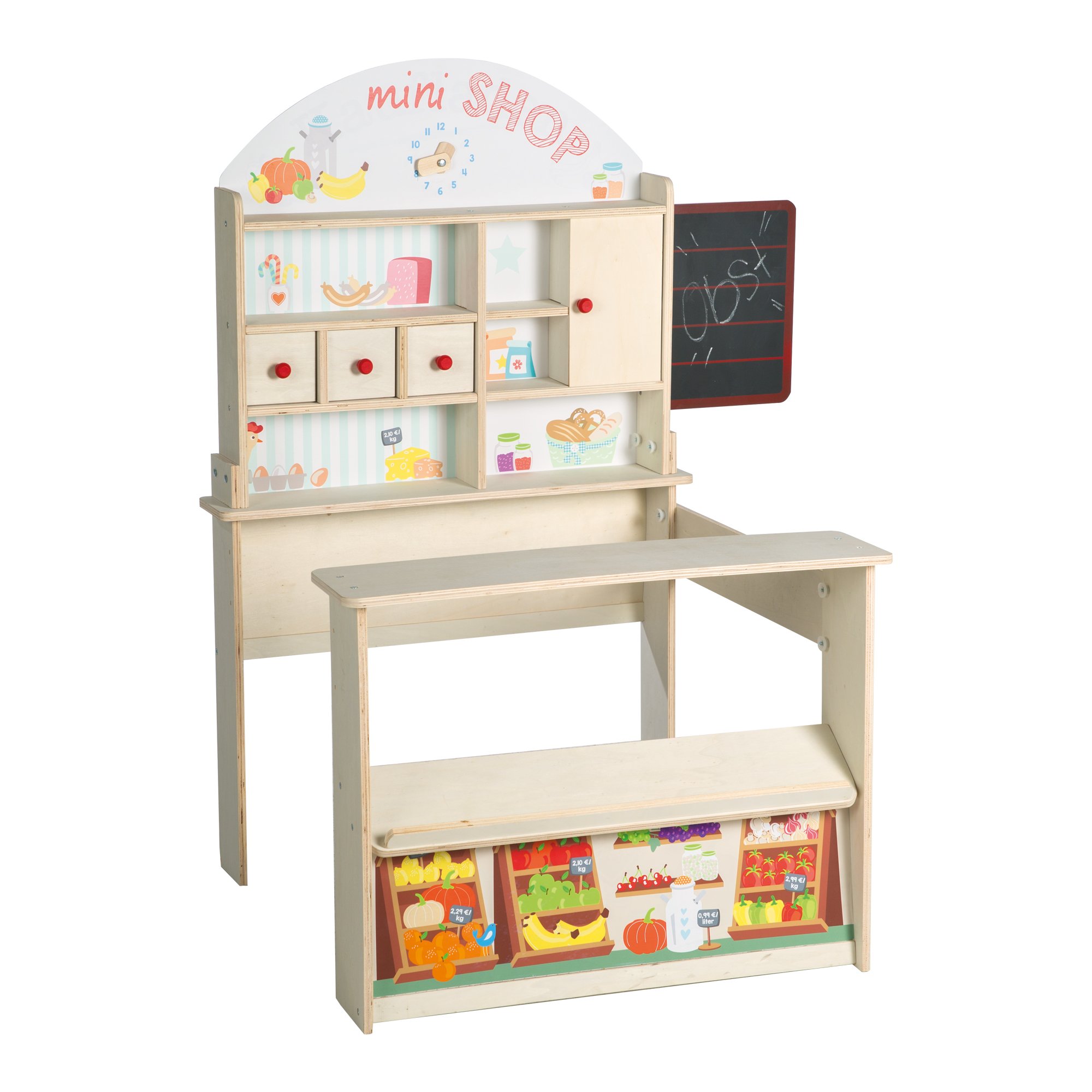 roba Kaufladen Minishop, inklusiv Zubehör, Kasse, Holz natur, Theke, Tafel, Schiebetür und Bedruckung, Natur und Weiß