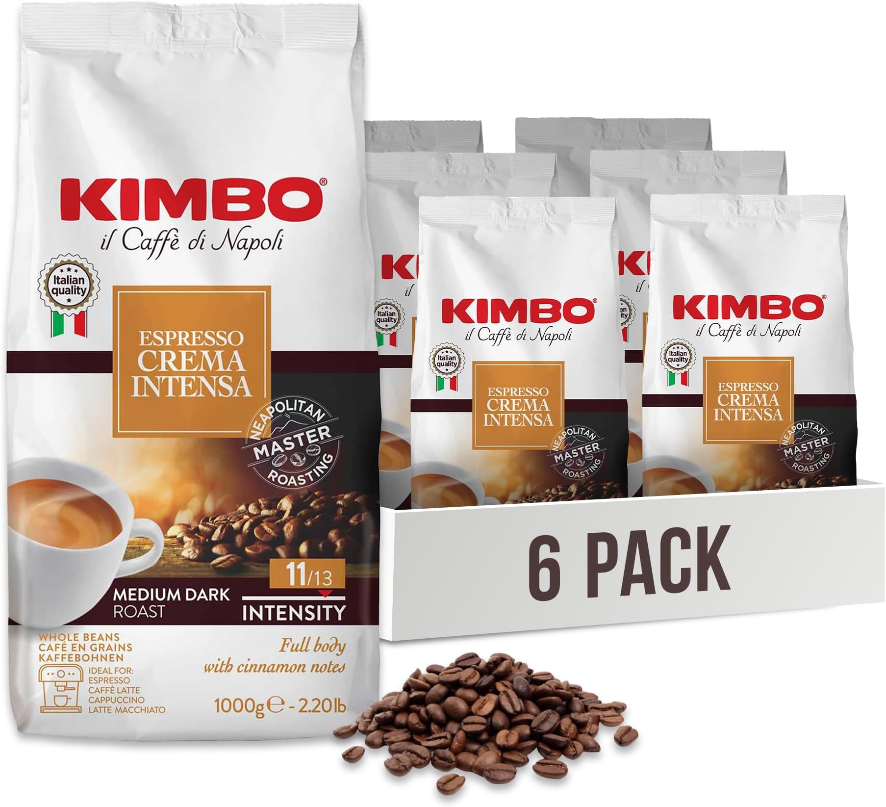 Kimbo Coffee, Espresso Crema Intensa, Italian Whole Coffee Beans, Medium Dark Roast, 11/13, 6 x 1kg