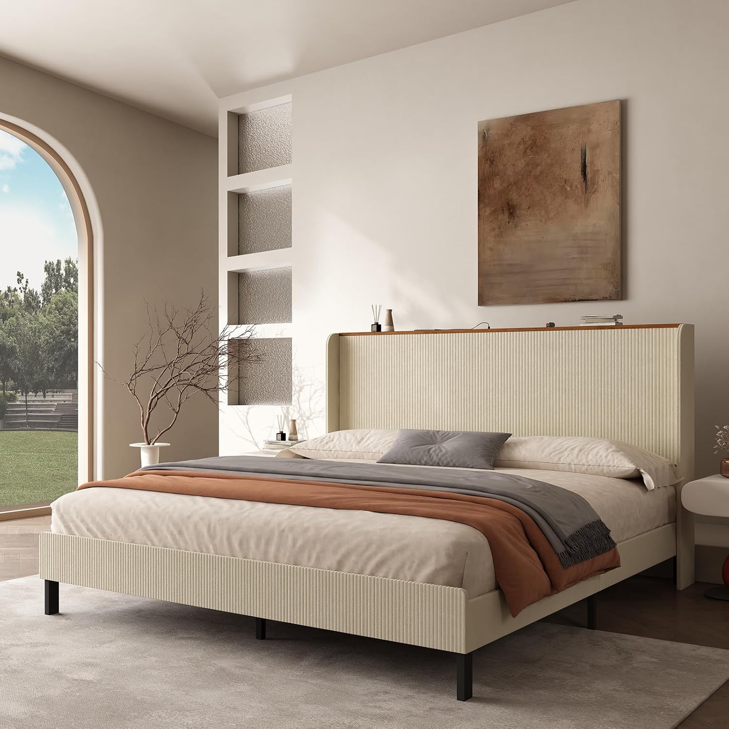 Queen Bed Frame with Soft Headboard ，W/ 2 USB Ports & LED Strip Lighting，Upholstered Corduroy Platform Bed Frame with Storage Headboard, Solid Metal Support (Beige, Queen (U.S. Standard))