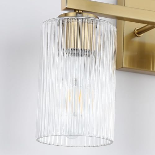 Miniatura 5 de Lámpara de tocador de baño dorada cepillada de 3 luces, iluminación moderna con pantalla de vidrio texturizado, accesorios de iluminación de baño de