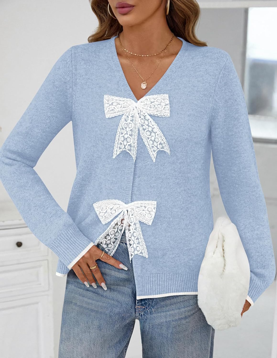 MEROKEETY Women's Tie Front Bow Cardigan Sweaters 2025 Long Sleeve Chunky Knit Cute Trendy Fall Winter Coats - Image 2