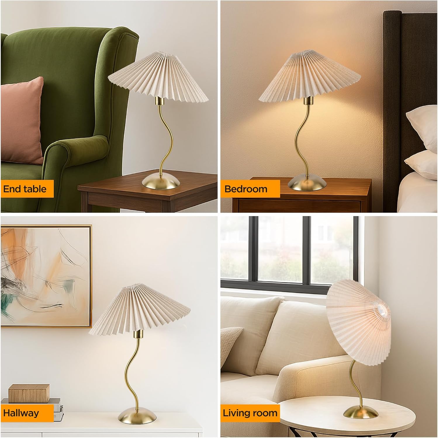 Modern Curved Table Lamp with Pleated Shade, 17.3" Tall Gold Desk Lamp with E12 LED Bulb, Vintage Minimalist Accent Light for Bedroom, Living Room, Office