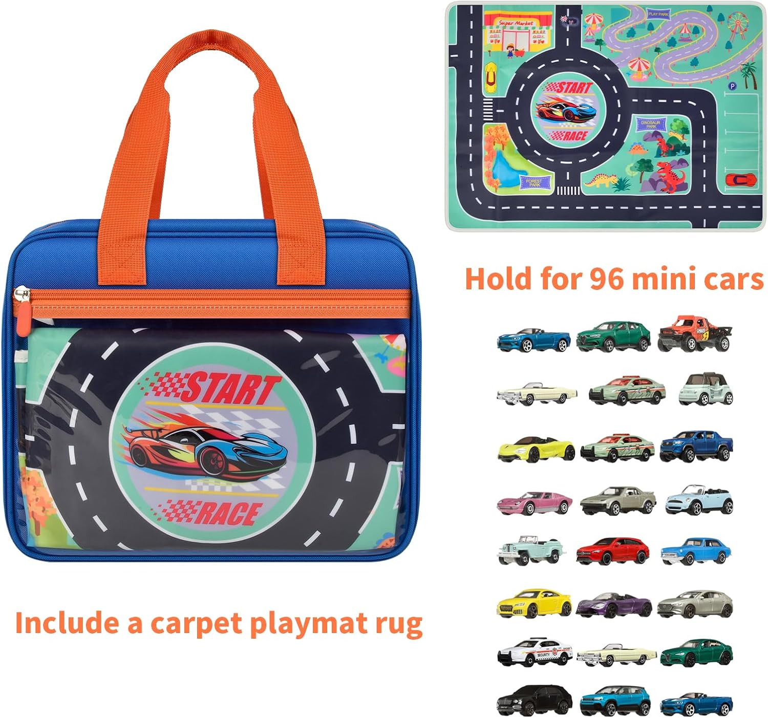 Toy Car Storage Bag for Hot Wheels for Matchbox for LEGO for AZEN for JOYIN for Tub Works Cars Toy Car Organizer Holder with Rug Race Track Mat for 96 Mini Cars - Blue (Case Only) (Blue+Playmat)
