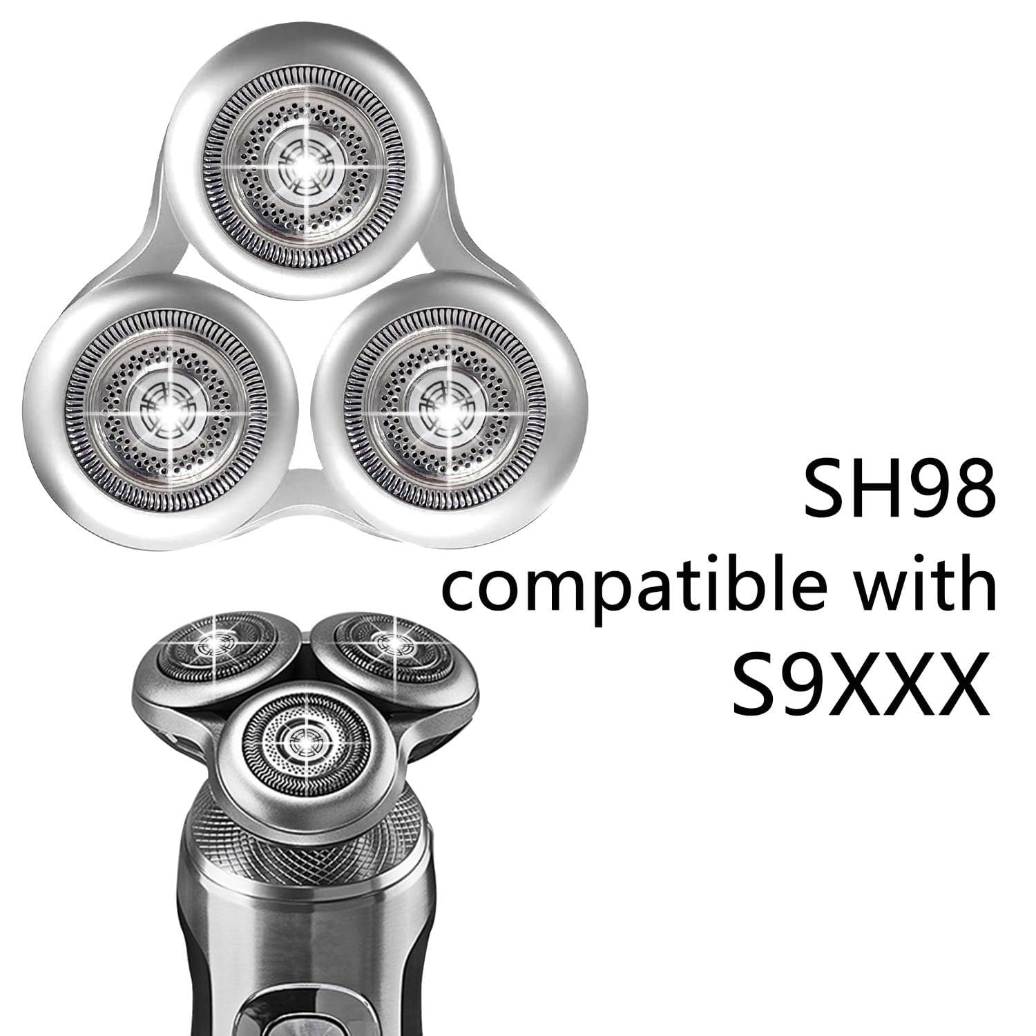 SH98 Komplett Ersatz Rasierkopf, kompatibel mit Philips Norel * o Serie 9000 Rasierkopf, Präzisionsrasierkopf mit Metallhalter und Doppelschichtklingen, mit Reinigungsbürste, Silber