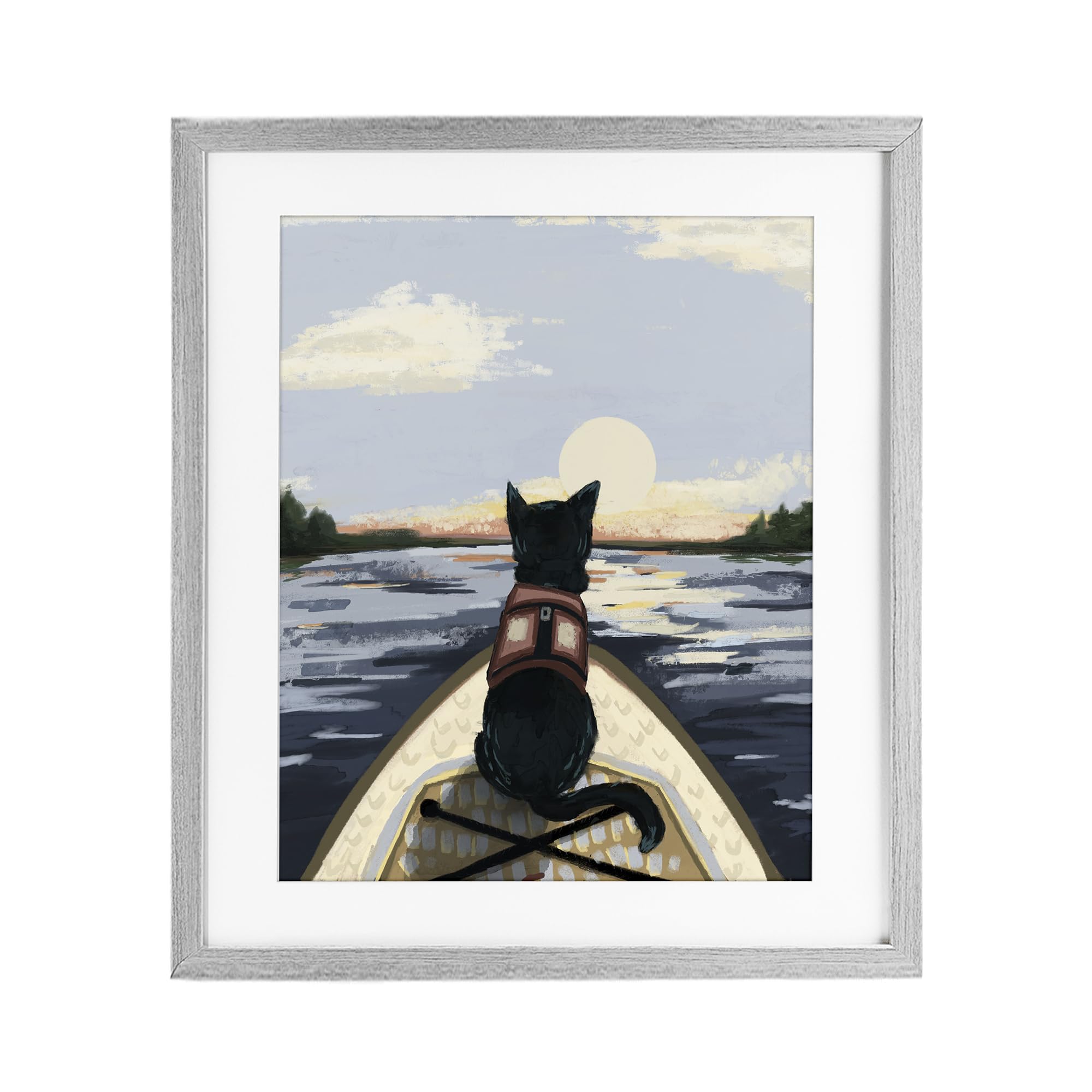 'Peaceful Cat Viewing Lake'| Framed Print Under Glass