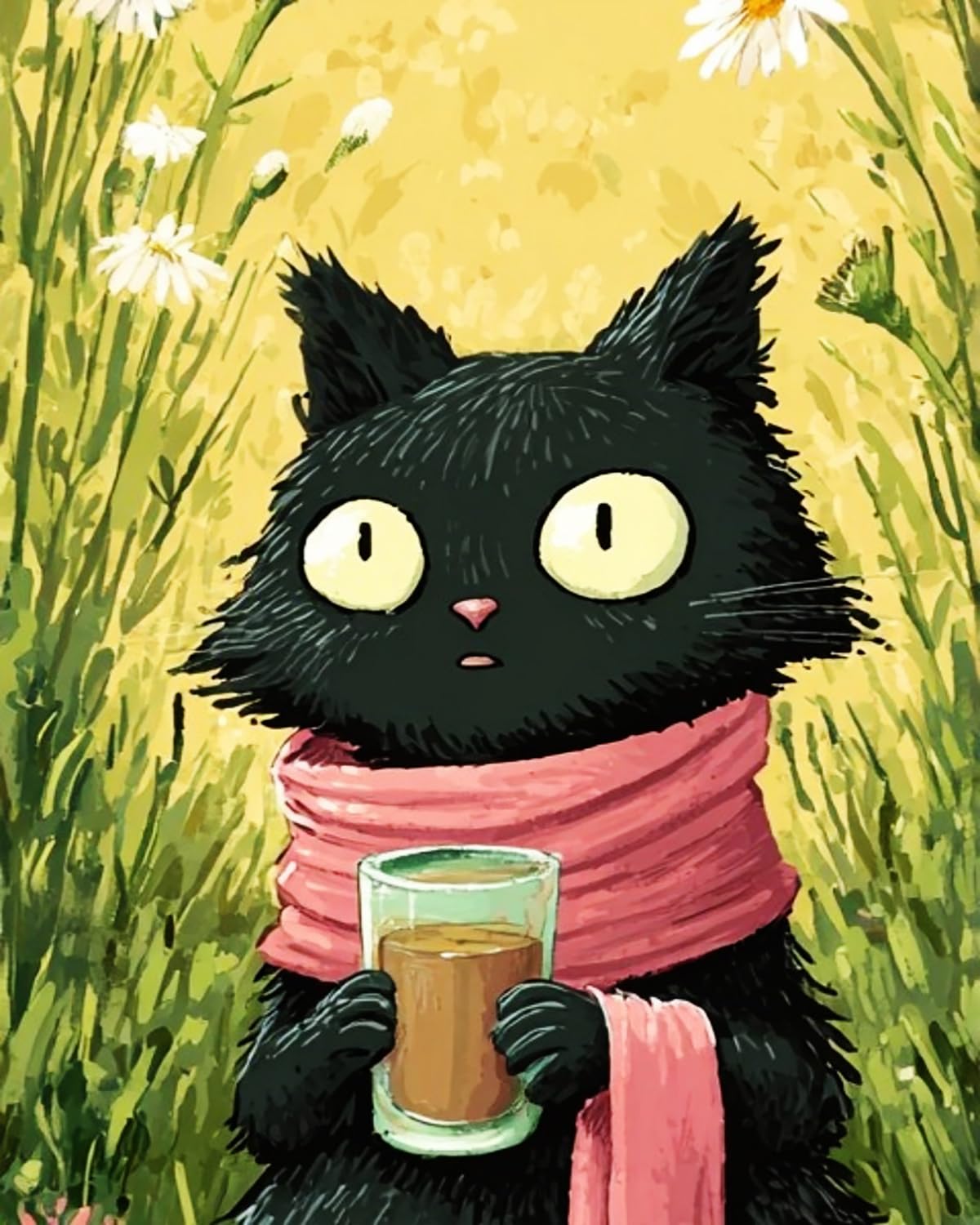 LIUBAISHI Paint by Numbers for Adults – 16"x20" | Oil Painting Kit for Bedroom Wall Art, Stress Relief Hobby, Complete Set with Paints and 3 Brushes-Scarf Black Cat Drinking Tea