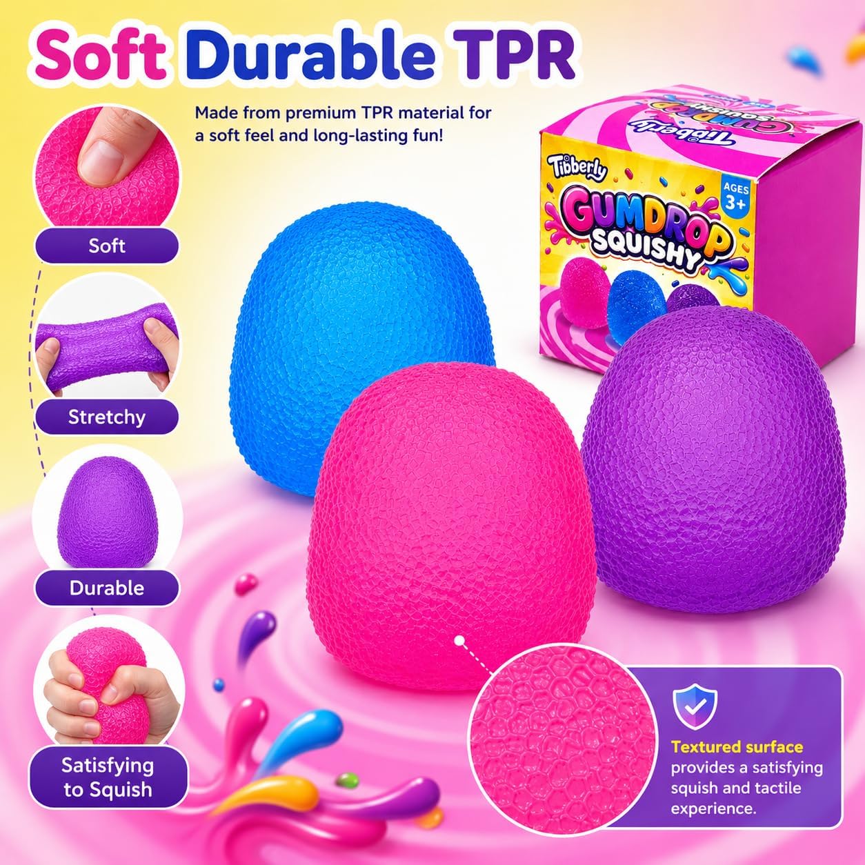 Gumdrop Squishy Stress Ball, Solid TPR Squeeze Ball, Cute Sensory Fidget Toy for Kids and Adults, Soft Stretchy Stress Relief Toy, Birthday Gifts, Easter Basket Stuffers and Party Favors thumbnail