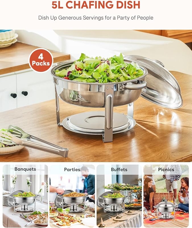 Wilprep 5L Rozsdamentes Acél Ételmelegítő Szett - 4 db Kerek Chafing Dish Melegentartó Tál Rendezvényekhez és Partikhoz