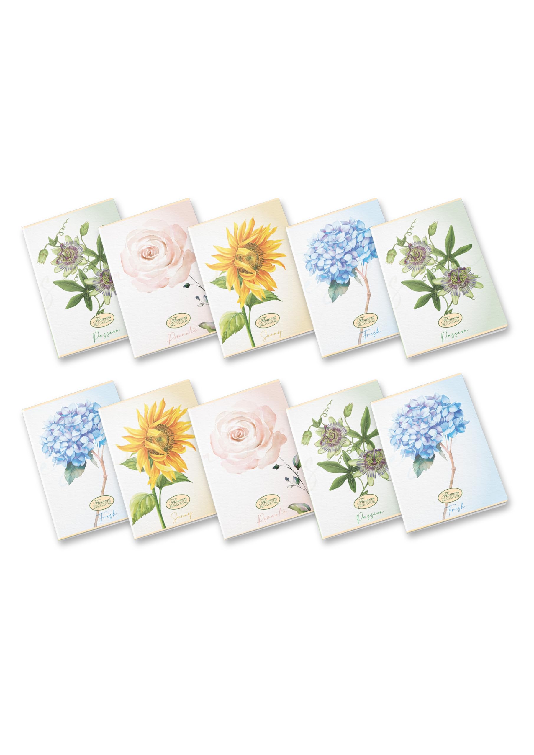 Pigna, Maxi Notebooks Flowers Special, A4 21 x 29.7 cm, 0Q Interior, 5 mm Square, with Margin, 80 g, Recycled Paper, Assorted Subjects, Pack of 10