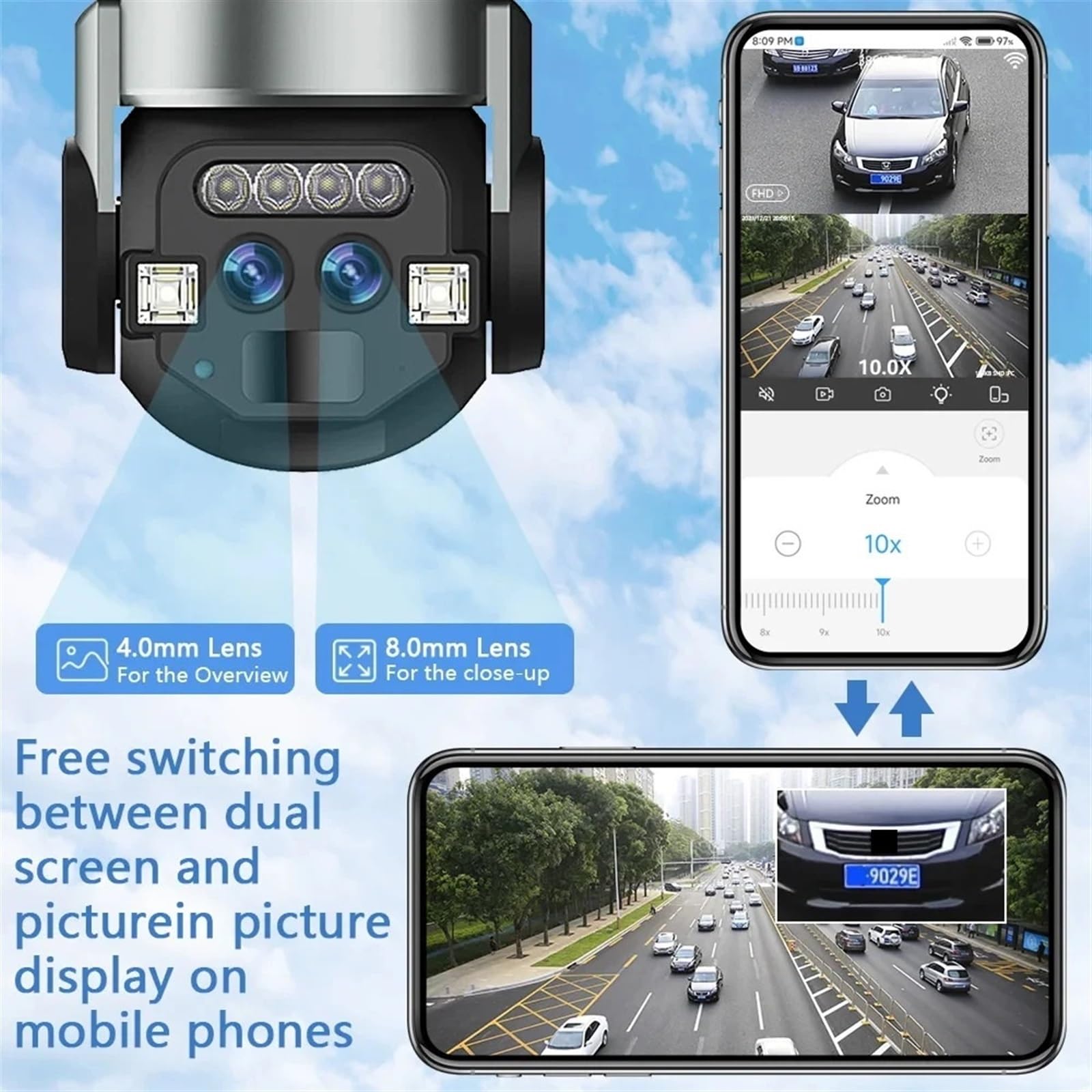 Kamera bezpieczeństwa, Kamera z podwójnym obiektywem 6 MP HD 10-krotny zoom Zewnętrzny PTZ AI Detekcja mobilna Inteligentne śledzenie Kolorowe światło Monitorowanie noktowizyjne(6MP Camera Add 32GB)