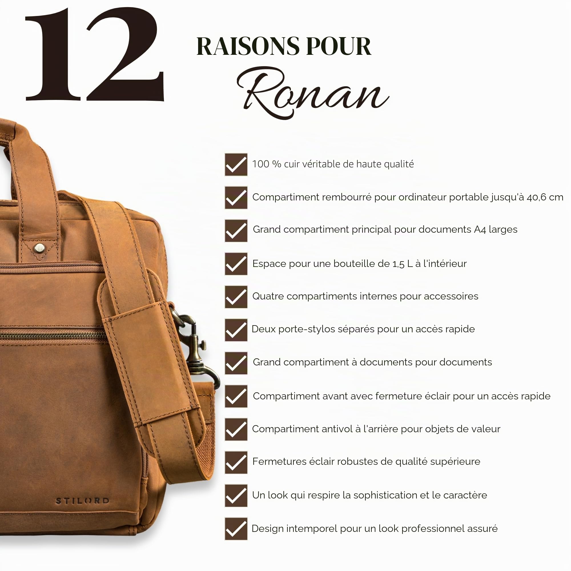 STILORD "Ronan Serviette Cuir Homme Grande Sacoche Ordinateur 16 Pouces Travail Besace Business - Cartable Enseignant A4 Porte Document avec Bandoulière Amovible Couleur:noir