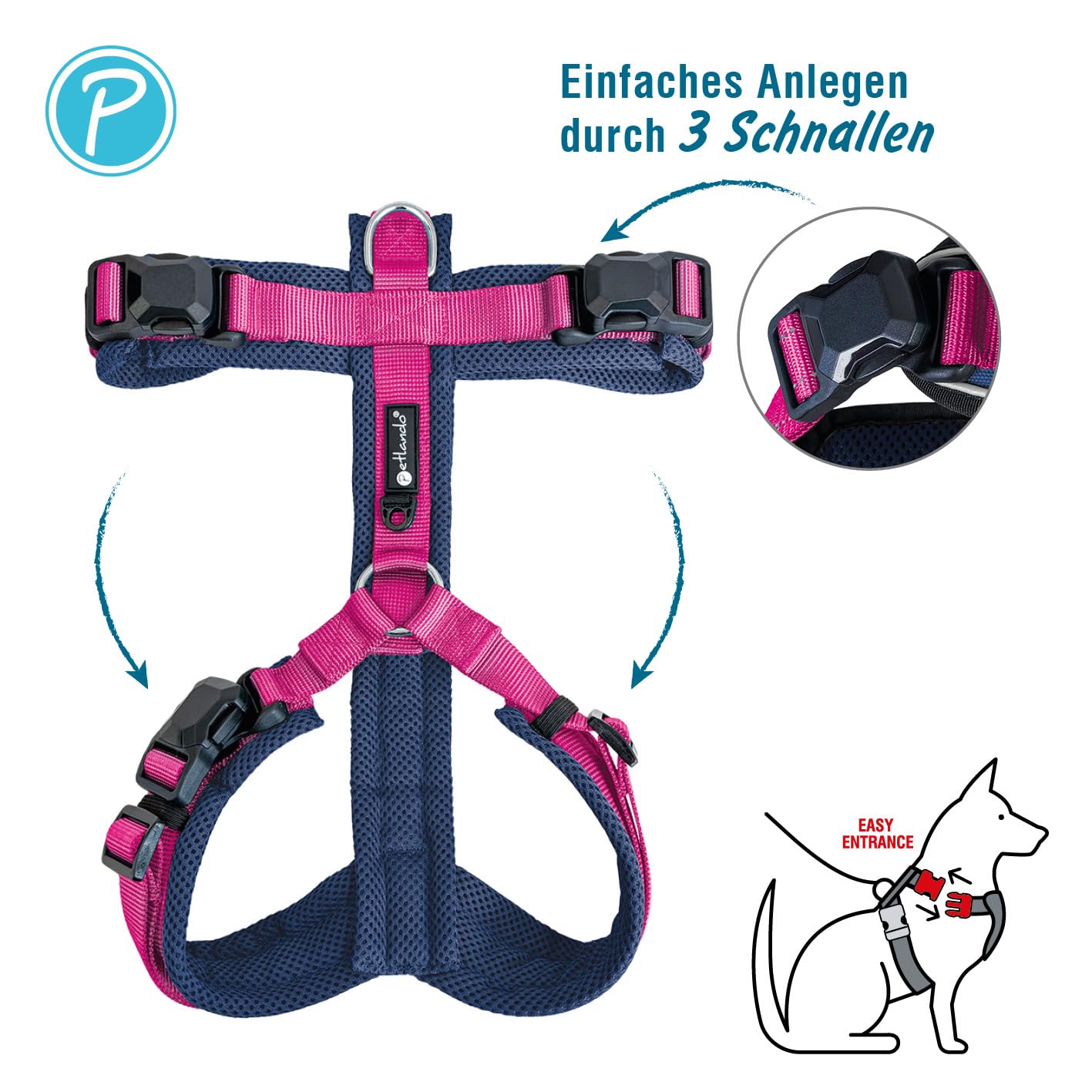 Petlando Hundegeschirr Magnetech Y-Comfort – Innovative Magnetschnalle, atmungsaktiv, mit Mesh gepolstert, stufenlos verstellbar – Navy/Fuchsia XS (Halsumfang 28-52cm, Brustumfang 32-50cm)