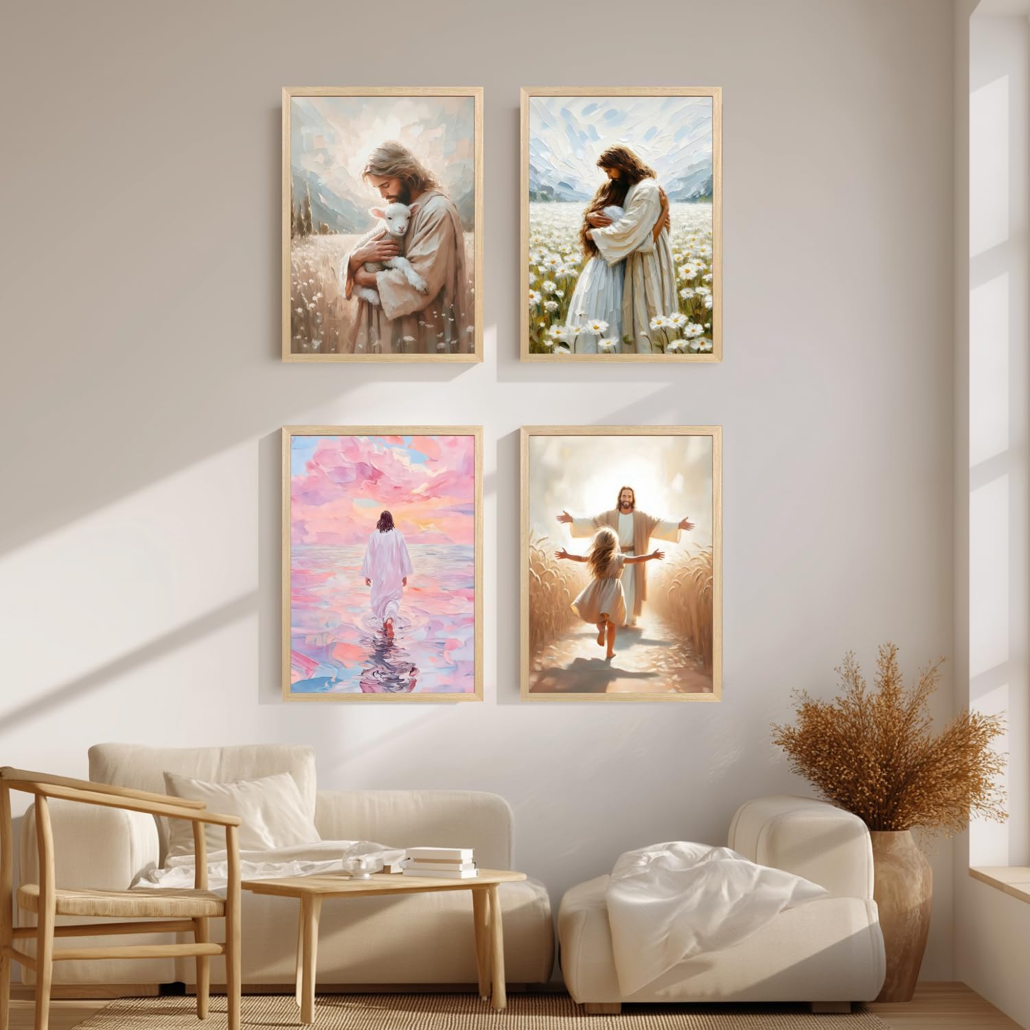 FASWQ Wood Framed Jesus and Lamb Wall Art, Jesus the Good Shepherd Wall Decor, Religious Christian Canvas Painting, Bible Faith and Scripture Poster Print for Church LDS Bedroom Living Room, 12x16 Inch
