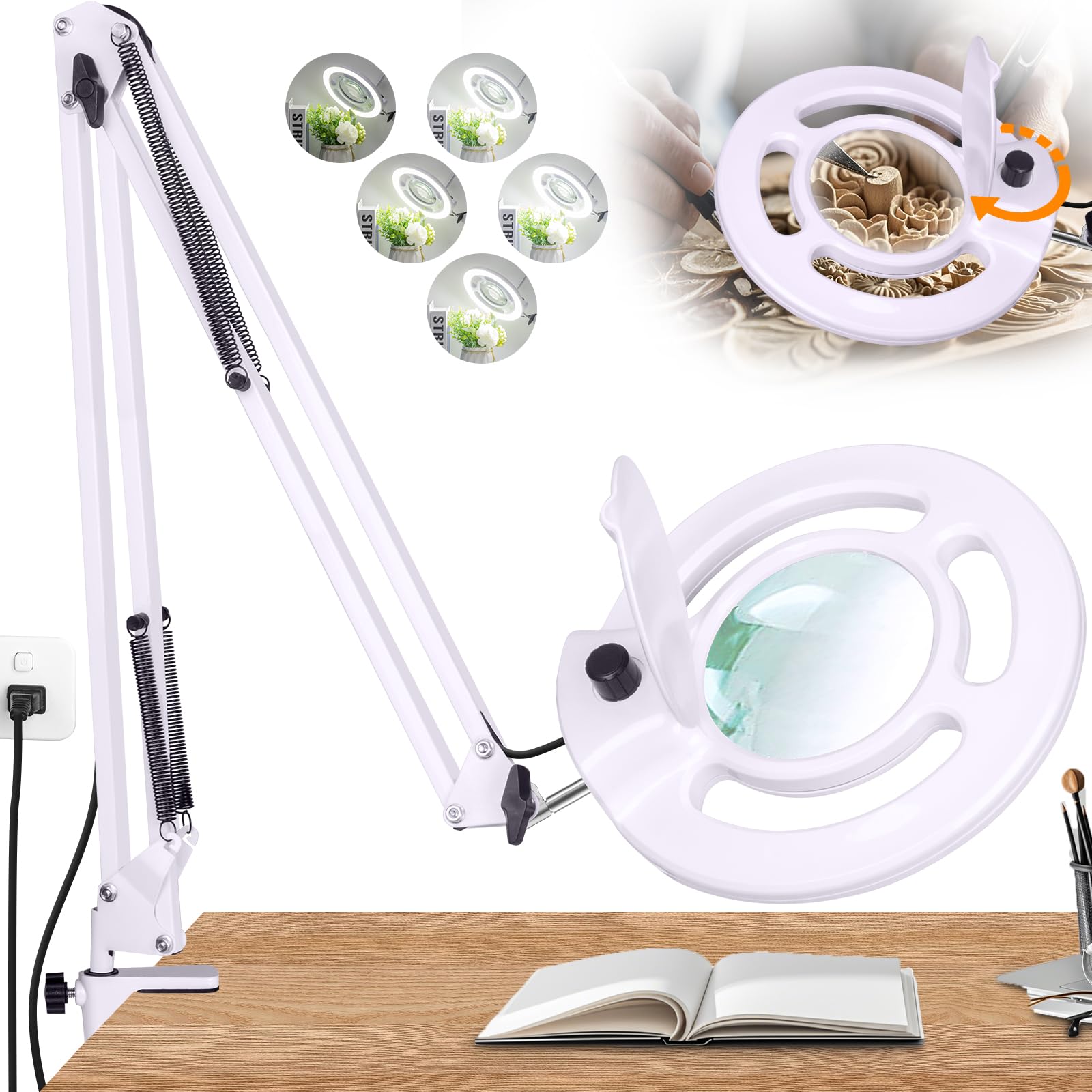 Set di 5 lenti d'ingrandimento con luce e pinza, 2200 lumen, super luminose, lampada dimmerabile, vetro a 8 diottrie, braccio girevole regolabile, lente d'ingrandimento a mani libere per la
