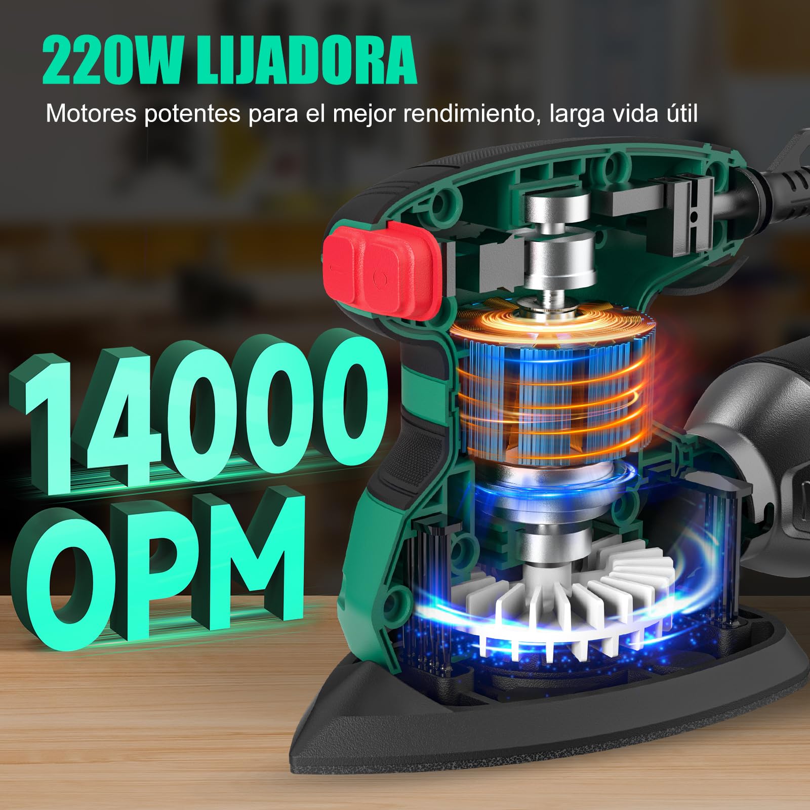 SORAKO Lijadora Madera 220W 14000 OPM Lijadora Electrica Con Bolsa Para Polvo Y 16 Hojas De Lija, Ideal Para Lijar Superficies De Madera Y Acero En Espacios Reducidos