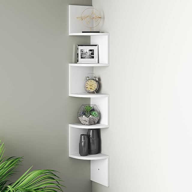 Greenco Corner Shelf Unit Wall Mount | 5 Tier Wood Floating Shelves | Easy-to-Assemble Tiered Wall Storage | Wall Organizer for Bedrooms, Bathrooms, Kitchen, Offices and Living Rooms - White Finish