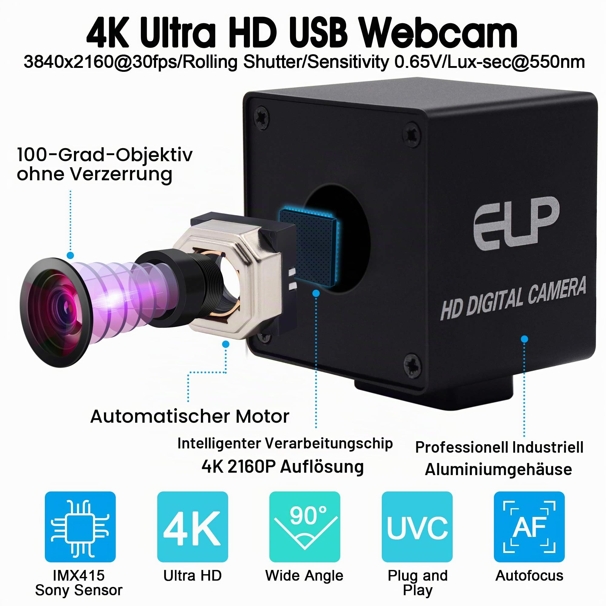 ELP 4K Hochauflösende Webcam Ultra HD Autofocus USB Kamera mit No-Distortion Objektiv,IMX415 Sensor Web Kamera Support 3840x2160@ 30fps,UVC Compliant Web Kameras Support Most OS (USB4K02AF-KL100)