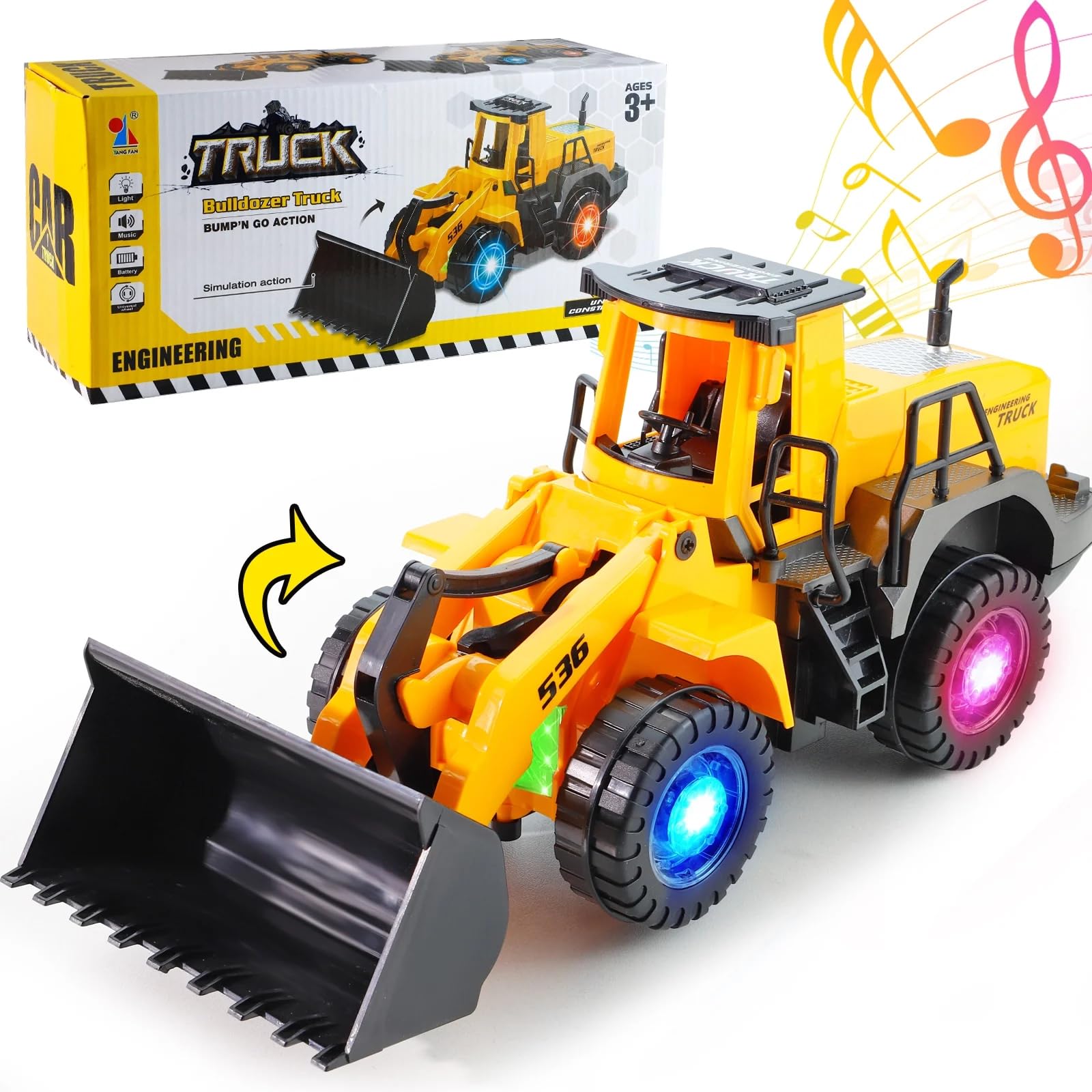 Bulldozer Jouet, marche automatique avec son et lumière véhicules de chantier, camion de chantier Bulldozer, jouet de sable minière, avec lumières et musique multiples, pour enfants de 3 à 7