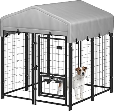 HOGYME Outdoor Dog Kennel with Roof, Dog Kennel Outside with 2 Dog Bowls, Large Dog House Pen Dogs Run Enclosure with Secure Lock and Wateproof Sunproof Cover 4L x 4W x 4.6H Black