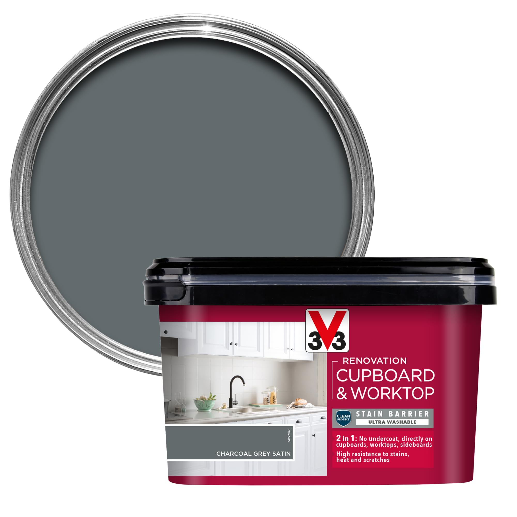 V33 Renovation Cupboard & Worktop Paint - No Undercoat Needed - High Resistance to Water Stains & Scratches - Ultra Washable - Charcoal Grey Satin 2L