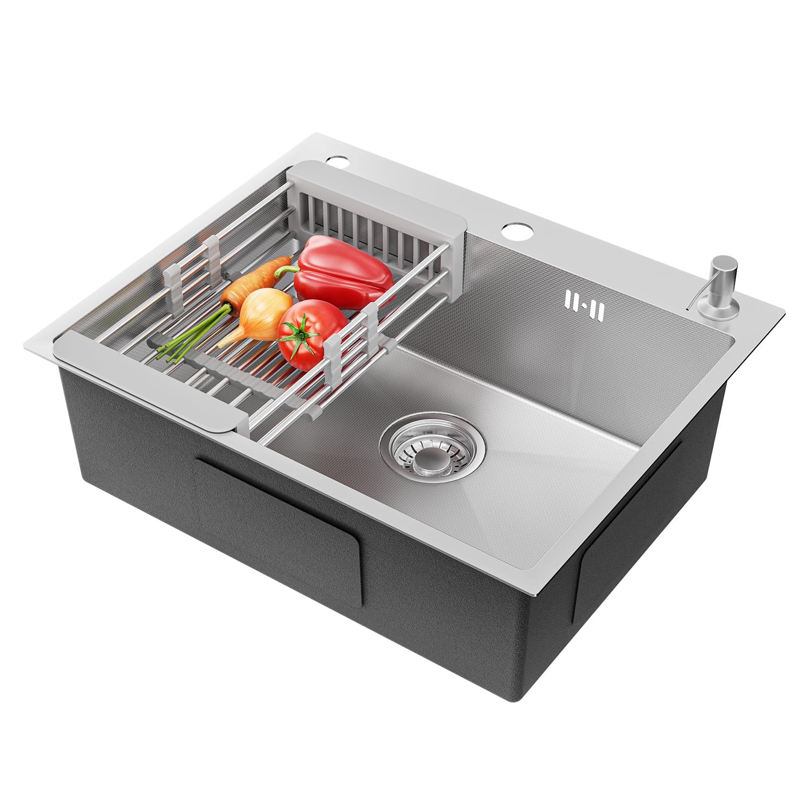 CECIPA Evier Cuisine 1 Bac 60x49CM, Lavabo Cuisine Inox Trous Pour Robinets Et Distributeur De Savon Et Panier TéLescopique, Convient Aux Armoires De Plus De 60CM