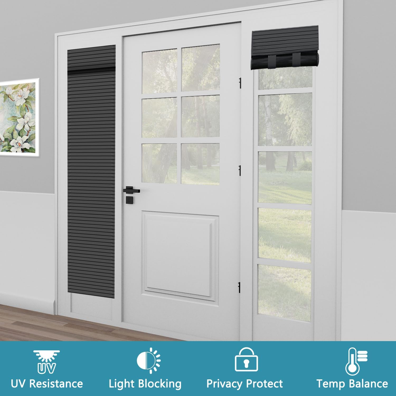 Muamar French Door Curtains Privacy Door Blind, Front Door Window Curtain, Venetian Blinds Style Door Window Cover, 1 Panel (Black, W12” x L80”)
