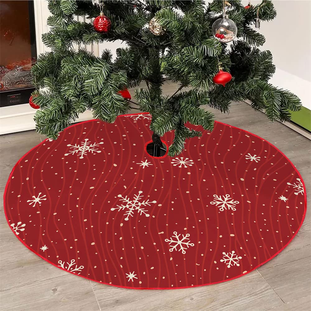 Mateju Snowflakes Christmas Tree Skirt Red 28/36/48 Inch, Xmas Tree Skirt Soft Plush Base Floor Mat Cover Christmas Party Decorations Festive Holiday Design (,48Inch)