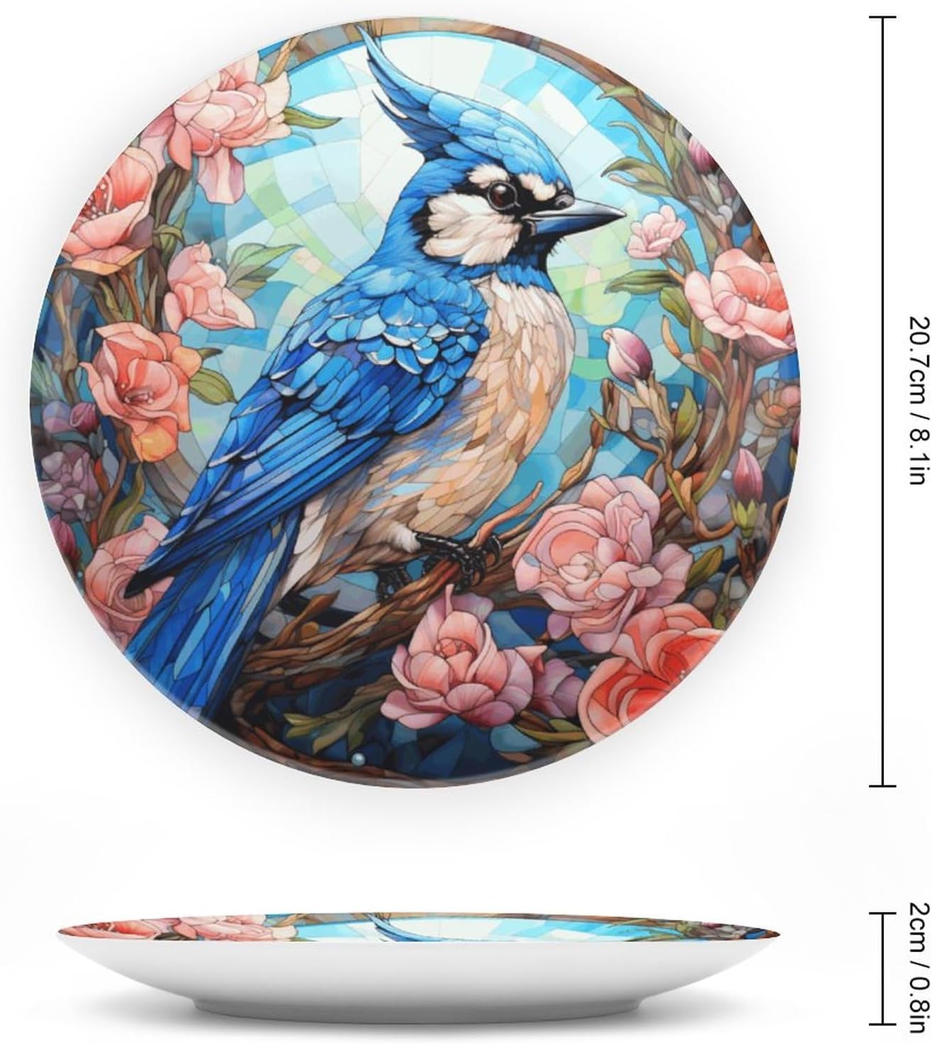 Decorative Plates for Home Decor, Blue Bird & Floral Stained Glass Design Decor Tray for Table Display, Ceramic Dinner Plate W/ Stand, Living Dining Room Decor, Gifts for Blue Jay Lovers, 8 Inch