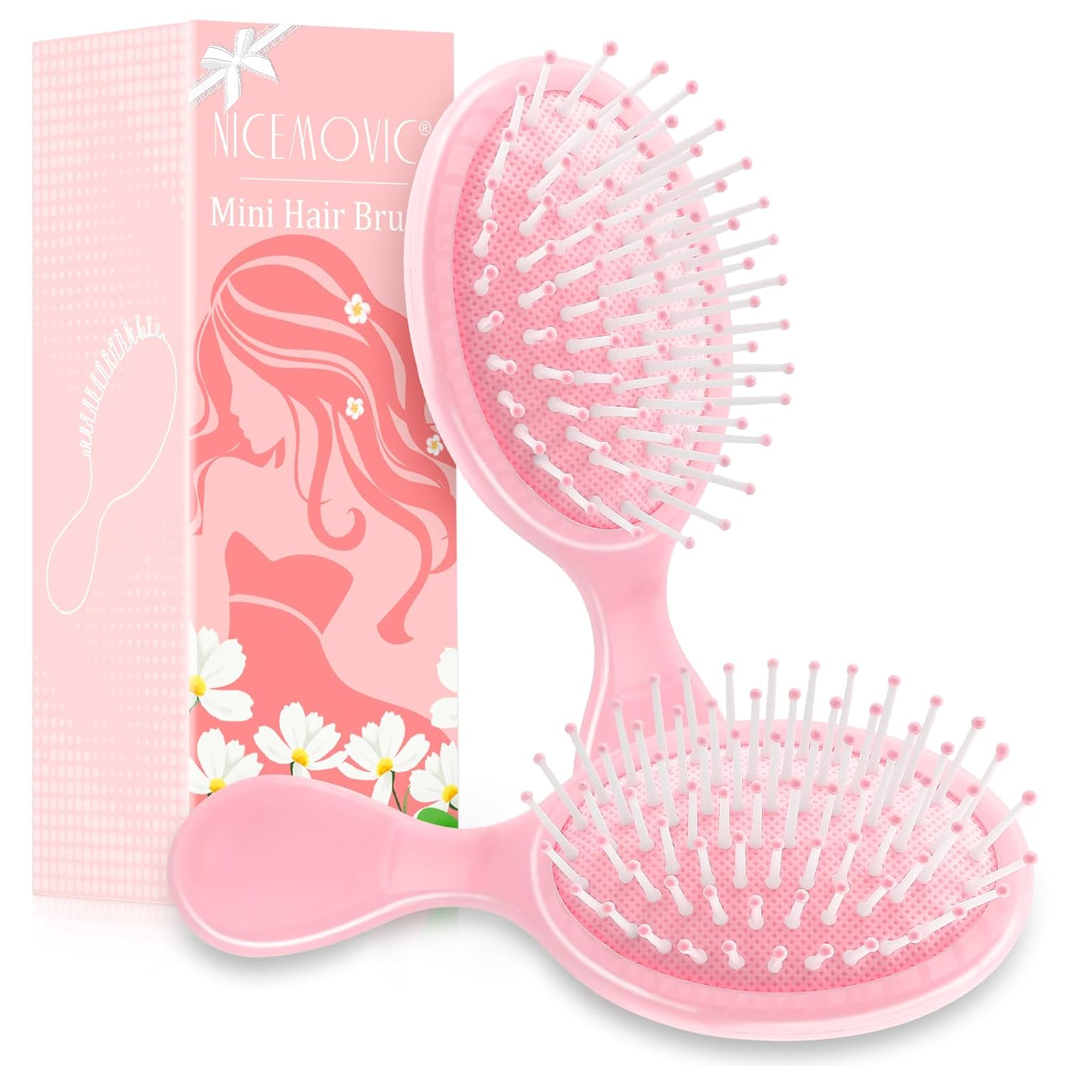 NICEMOVIC Mini Wet Hair Brush 2 Pack, Bachelorette Party Favors, Back to School Supplies, Small Travel Hair Brush for Girls Toddler Kids, for Teen Girls, Bridesmaid Gifts (Pink)