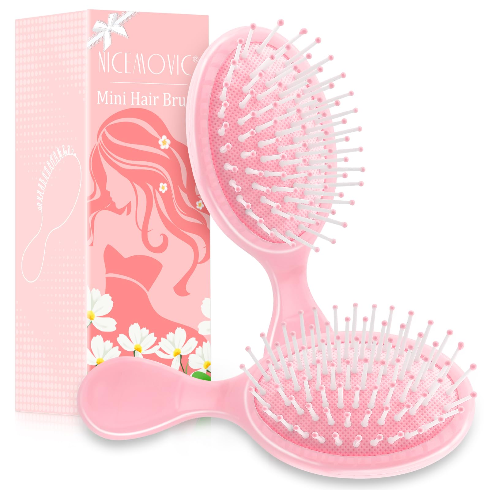 NICEMOVIC Mini Wet Hair Brush 2 Pack, Stocking Stuffers for Teen Girls Women, Small Gifts for Teen Girls, Small Travel Hair Brush for Toddler Kids, Bachelorette Party Favors Bridesmaid Gifts (Pink)