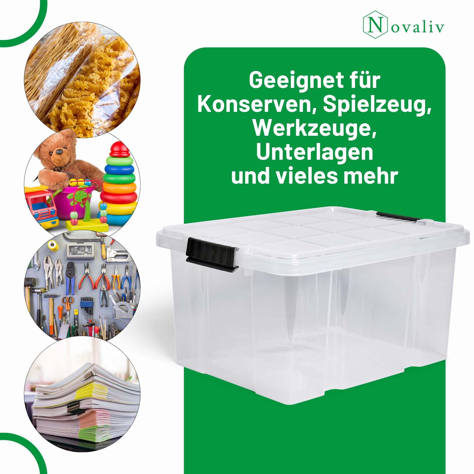 Novaliv 4 cajas de almacenamiento con tapa, 27 L, transparentes, apilables, con cierre de clip, caja de plástico, sin BPA, 46,5 x 36,5 x 24 cm