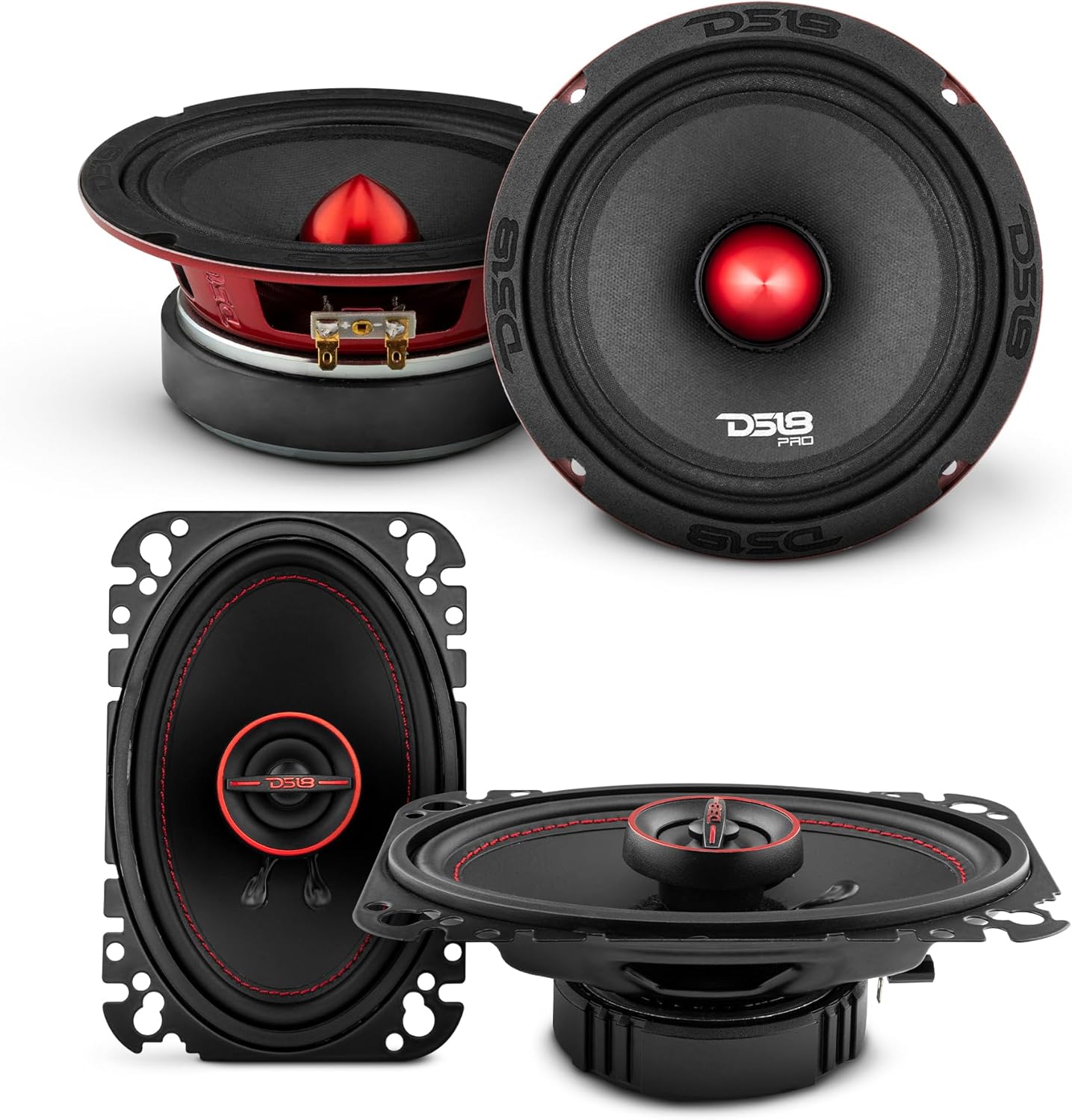 DS18 2X 6.5 Midrange Loudspeaker Red Aluminum Bullet 500W Max 250W RMS 8 Ohms and 2X 4x6 2-Way Coaxial Speakers 135 Watts Max Power 45 Watts RMS