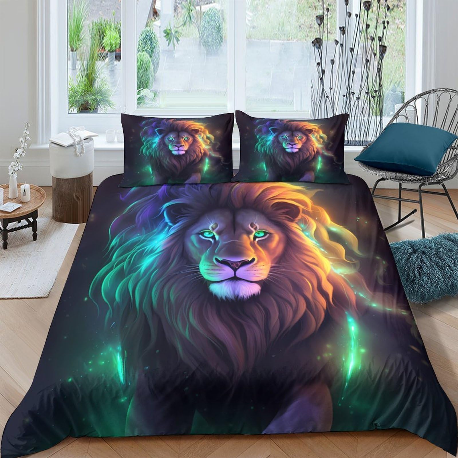 Ctjqhvkz Style-4 3D Printed Neon Lion Fitted Sheet Microfiber Soft Anti-Slip Mattress Cover For Bedroom Dorm Decorative Bedding Single（135X200cm）