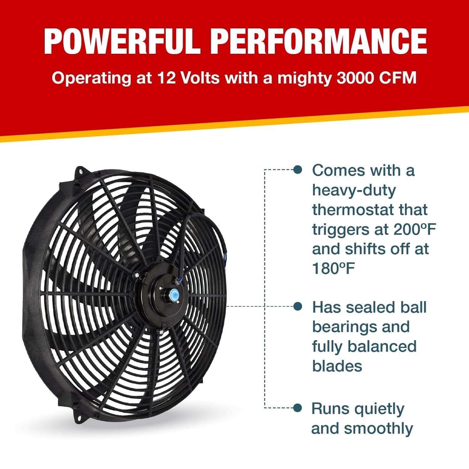 A-Team Performance 16" Electric Radiator Cooling Fan Kit - Reversible Push-Pull & 3000 CFM - 10 S-Curved Blades & Thermostat Control - Fan Mounting Kit & Universal Fit - 12V, 3-Pin Connector