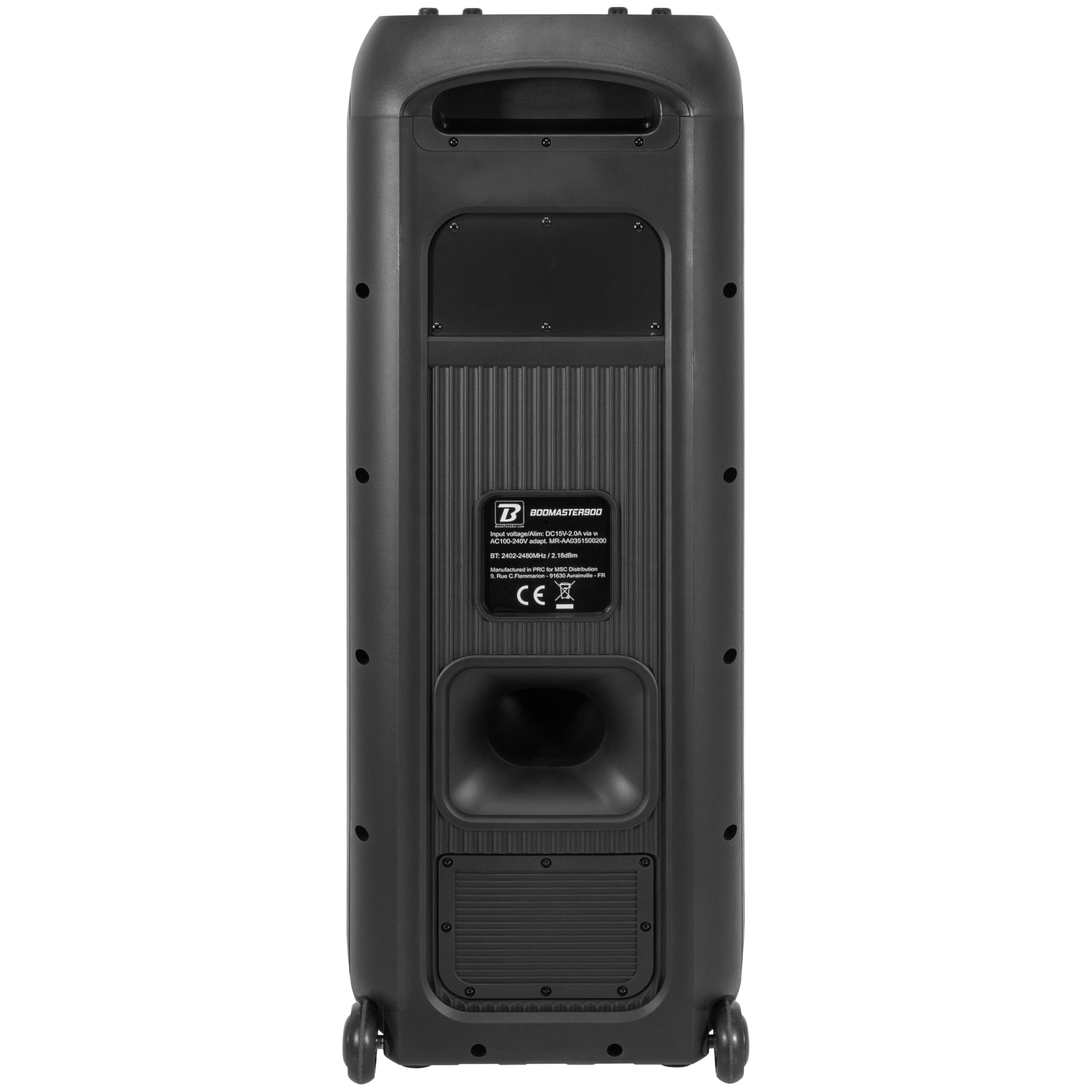 BoomToneDJ BOOMaster 900 – Enceinte Portable Active 900W avec Effets Lumineux, Bluetooth 5.0, TWS, USB/SD, Batterie Rechargeable, roulettes et poignée.