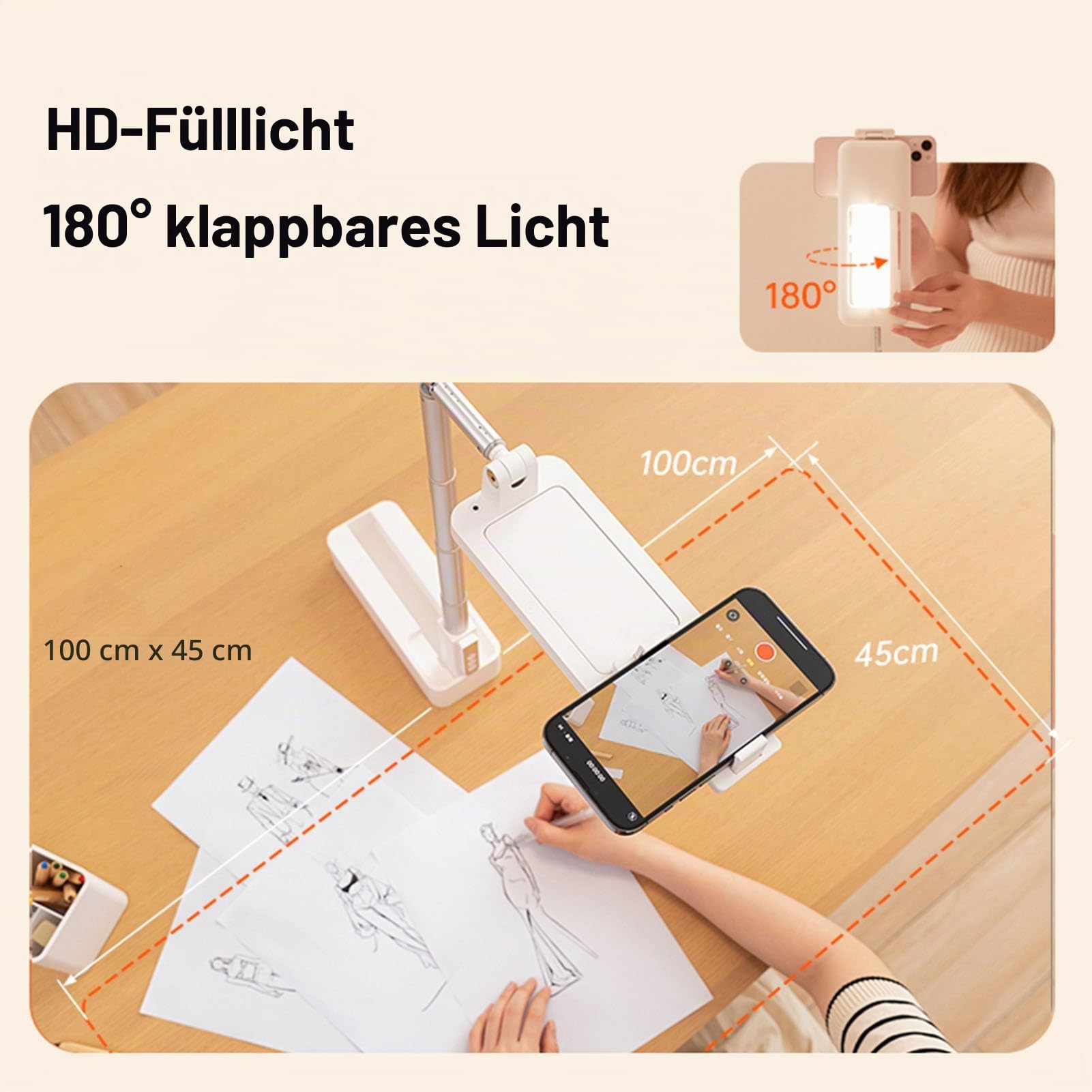 Ausziehbarer Selfie Ständer, mit LED Licht mit 5 Helligkeiten, um 360° Drehbarer, Wiederaufladbarer Telefonständer für Aufnahmen, Faltbare Überkopfhalterung für Live Streaming