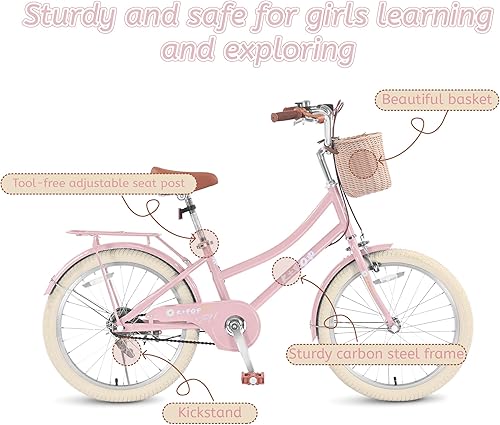 Miniatura 5 de Bicicletas para niñas de 8 a 12 años, bicicleta para niñas de 20 pulgadas con canasta, bicicletas ligeras para niños con freno en V delantero +