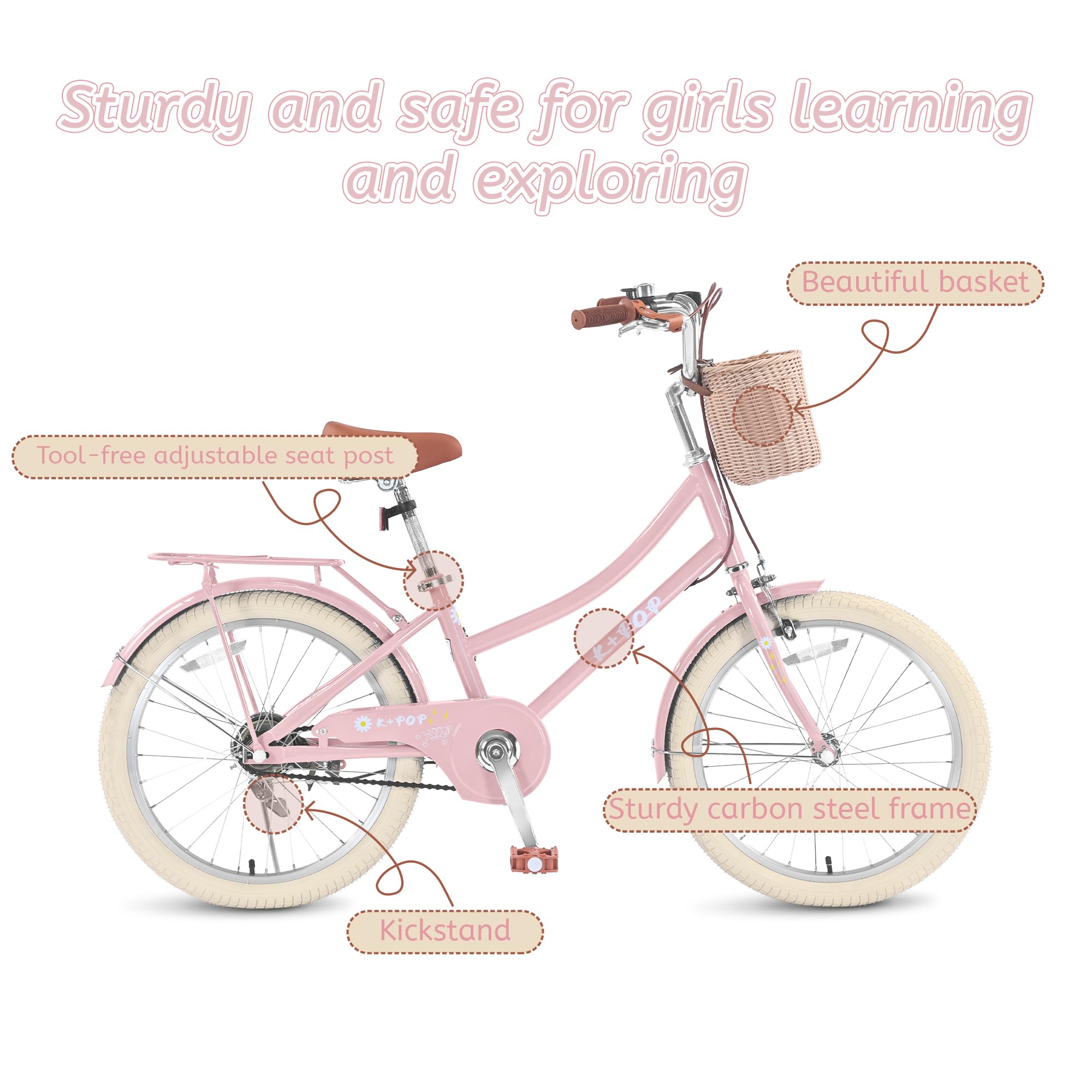 Girls Bike with Basket for 5-13 Years, 20 Inch Kids Bicycle with Bell- Princess Girls Kids Bike,Single Speed Girls Bikes with Carbon Steel Frame and Adjustable Seat Height