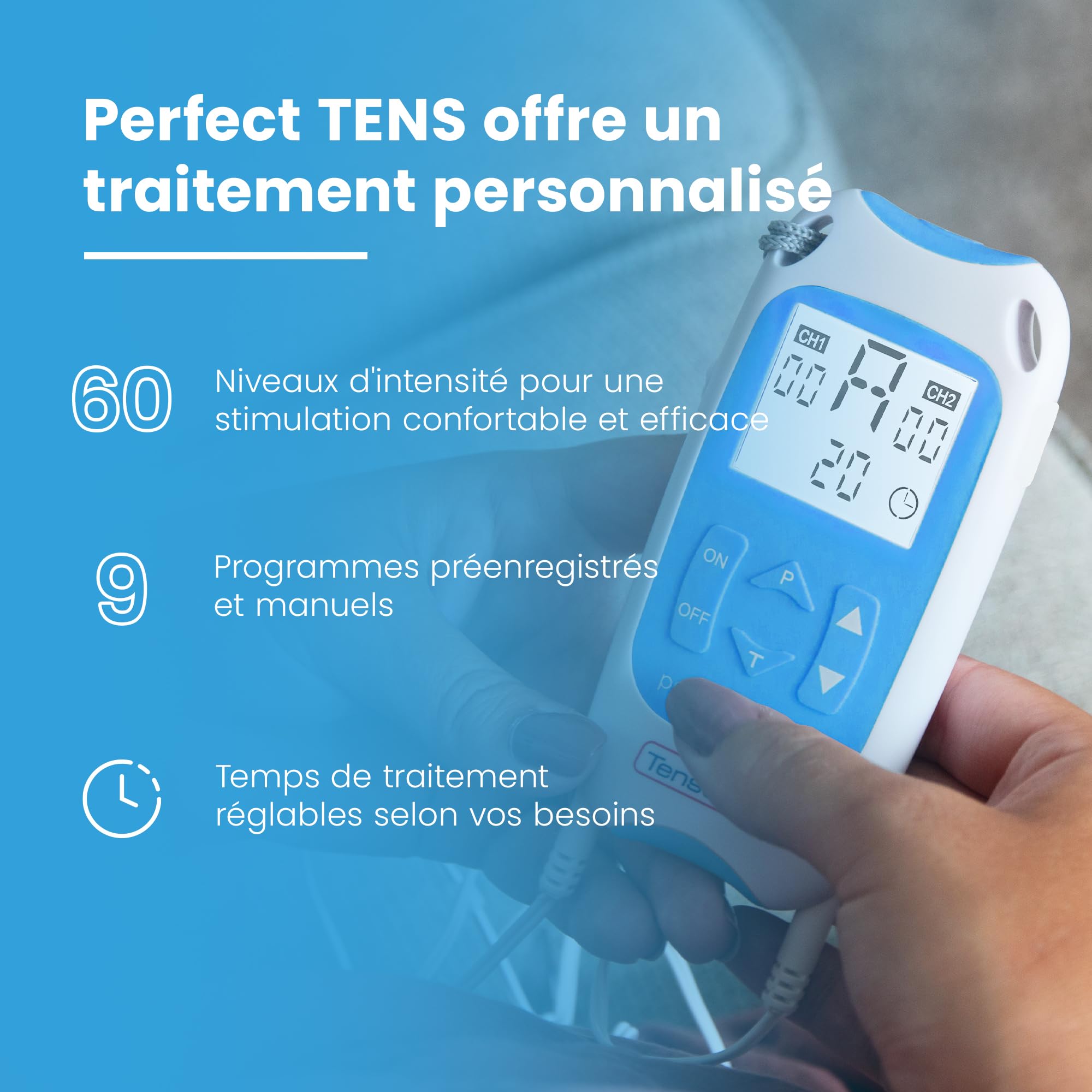 TensCare - Perfect Tens, Appareil de soulagement de la douleur + TensCare – Électrodes TENS & EMS pour soulager les douleurs au genou, réutilisables jusqu'à 20 fois