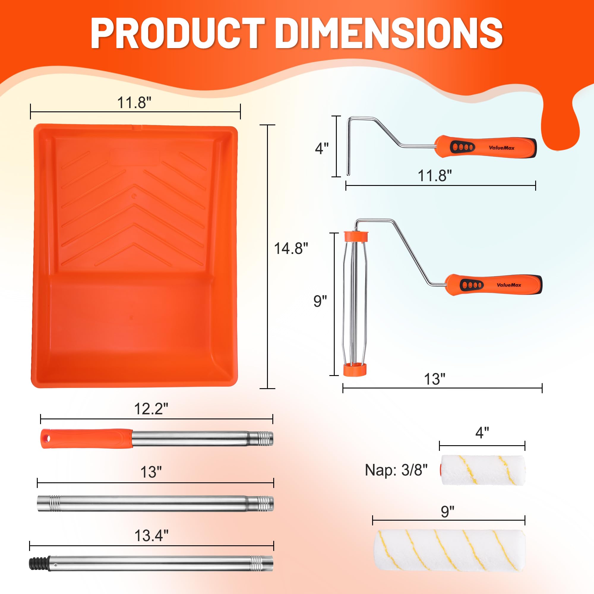 ValueMax Kit de 12 rodillos de pintura con bandeja, marcos de rodillo de 9 y 4 pulgadas, 6 fundas de repuesto de microfibra de 3/8 pulgadas, 3 postes de extensión de acero inoxidable, para paredes