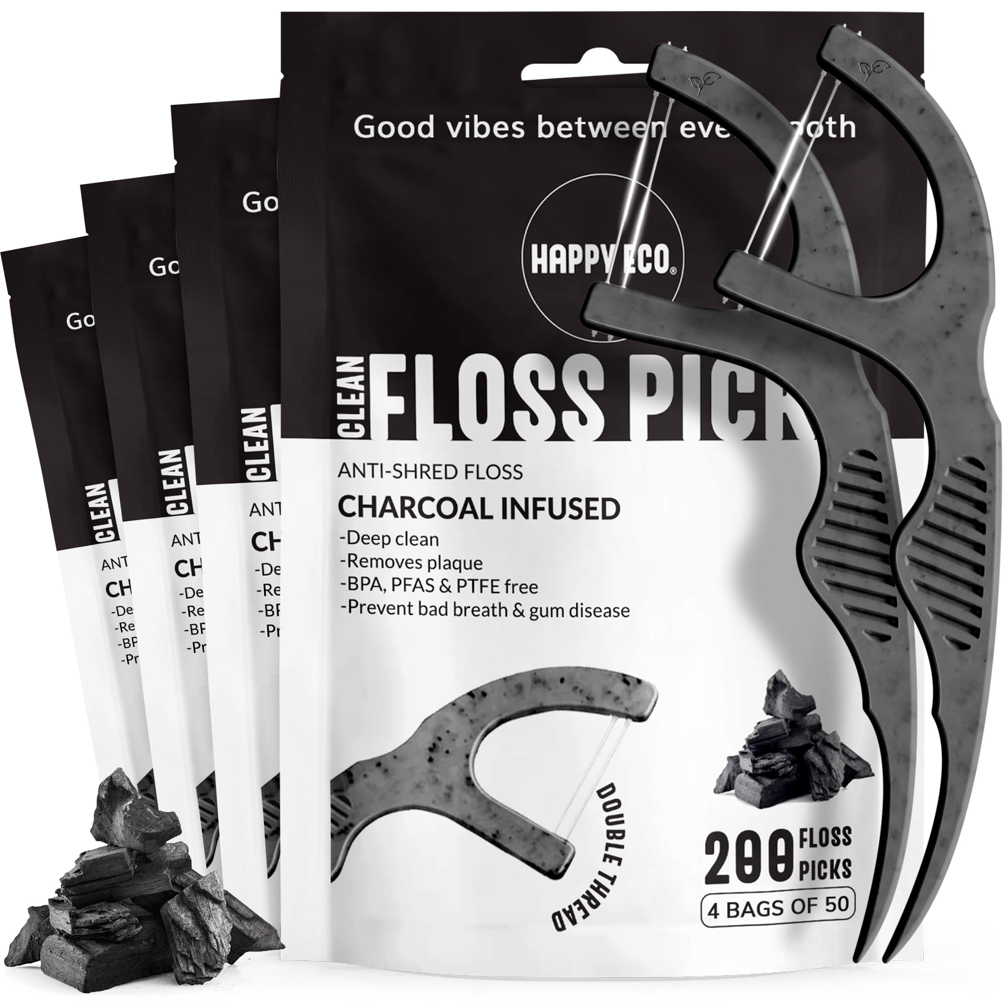 Palillos de hilo dental natural (200), veganos, sostenibles, reutilizables para adultos y niños con palillos de dientes, removedor de placa para limpieza de dientes, palillo de dientes
